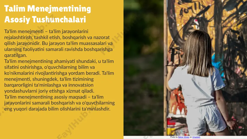 ivojlantirishga qaratilgan usullar keng tarqalmoqda. shuningdek, global miqyosda ta'limning izchil raqamlashtirilishi, onlayn ta'lim platformalarining ko'payishi va moslashuvchan o'quv dasturlarining joriy etilishi muhim ahamiyat kasb etmoqda. ta'lim menejmentida texnologiyalarning roli har qachongidan ham muhimdir. zamonaviy texnologiyalar, xususan, sun'iy intellekt va ma'lumotlar tahlili, ta'lim muassasalariga o'quv jarayonini yanada samarali tashkil etish imkonini beradi. texnologiyalar yordamida o'quvchilar bilan interaktiv aloqalar o'rnatish, o'quv jarayonini shaxsiylashtirish va natijalarni tezda baholash imkoniyatlari yaratilmoqda. kelayotgan yillarda ta'lim menejmentida bir qator muammolar va qiyinchiliklar ko'zga tashlanadi. masalan, texnologiyalar o'zgarishi bilan bog'liq muammolar, o'quvchilarning o'zgaruvchan ehtiyojlari va ta'lim tizimining moslashuvchanligi kabi masalalar muhim ahamiyatga ega bo'ladi. shuningdek, ta'lim resurslarini samarali taqsimlash va o'qituvchilarning sifatini oshirish masalalari ham dolzarb bo'ladi. 02 01 03 talim tizimidagi yangi tendentsiyalar yangi tendentsiyalar ta'lim tizimida sezilarli o'zgarishlarni keltirib chiqarmoqda. bular orasida raqamli texnologiyalardan foydalanish, masofaviy ta'lim va individualizatsiya kabi omillar mavjud. raqamli texnologiyalar o'quvchilarga interaktiv resurslar va o'quv jarayonini yanada qiziqarli qilish imkoniyatini beradi. …