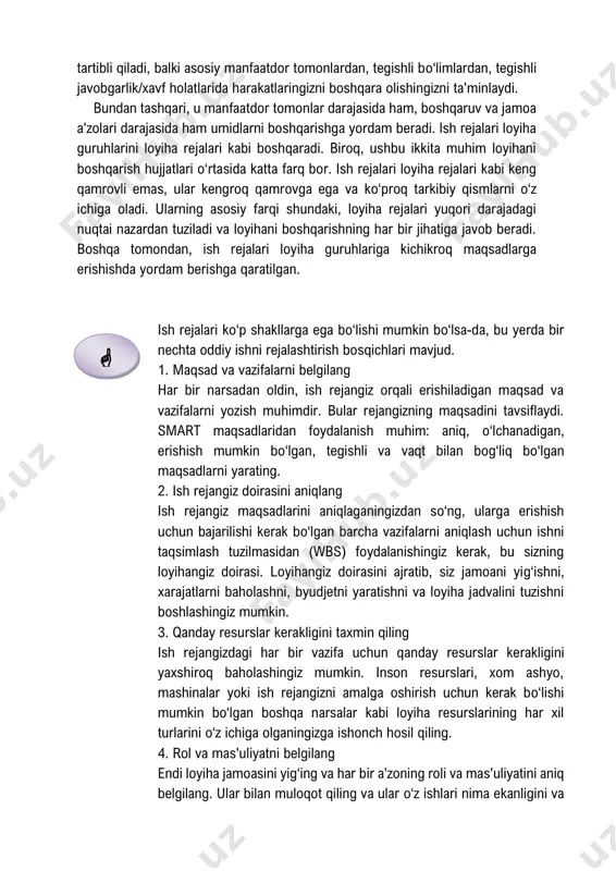 ha rejalari kabi keng qamrovli emas, ular kengroq qamrovga ega va ko‘proq tarkibiy qismlarni o‘z ichiga oladi. ularning asosiy farqi shundaki, loyiha rejalari yuqori darajadagi nuqtai nazardan tuziladi va loyihani boshqarishning har bir jihatiga javob beradi. boshqa tomondan, ish rejalari loyiha guruhlariga kichikroq maqsadlarga erishishda yordam berishga qaratilgan. ish rejalari ko‘p shakllarga ega bo‘lishi mumkin bo‘lsa-da, bu yerda bir nechta oddiy ishni rejalashtirish bosqichlari mavjud. 1. maqsad va vazifalarni belgilang har bir narsadan oldin, ish rejangiz orqali erishiladigan maqsad va vazifalarni yozish muhimdir. bular rejangizning maqsadini tavsiflaydi. smart maqsadlaridan foydalanish muhim: aniq, o‘lchanadigan, erishish mumkin bo‘lgan, tegishli va vaqt bilan bog‘liq bo‘lgan maqsadlarni yarating. 2. ish rejangiz doirasini aniqlang ish rejangiz maqsadlarini aniqlaganingizdan so‘ng, ularga erishish uchun bajarilishi kerak bo‘lgan barcha vazifalarni aniqlash uchun ishni taqsimlash tuzilmasidan (wbs) foydalanishingiz kerak, bu sizning loyihangiz doirasi. loyihangiz doirasini ajratib, siz jamoani yig‘ishni, xarajatlarni baholashni, byudjetni yaratishni va loyiha jadvalini tuzishni boshlashingiz mumkin. …