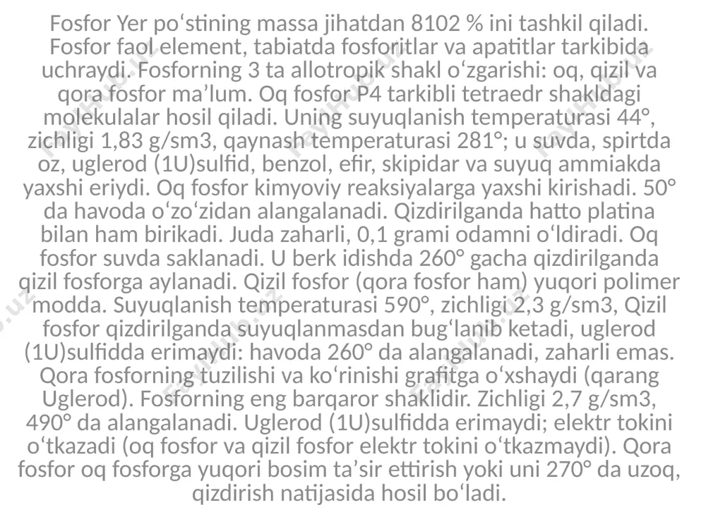 mi va 615 daraja haroratda mishyak bug 'hosil bo'ladi (sublimatsiya sodir bo'ladi), bu sirt suyuq havo bilan sovitilganda quyuqlashadi va sariq mishyak hosil qiladi. ushbu modifikatsiya sham kabi yumshoq shaffof kristallar bilan ifodalanadi, ular yorug'lik va engil qizdirilganda yana kulrang mishyakka aylanadi. shuningdek, elementning jigarrang va qora modifikatsiyalari (shishasimon-amorf) ma'lum. mishyak bug 'shishaga yotqizilganida, oynali plyonka hosil bo'ladi. mishyak asosan metall bo'lmagan bo'lsa-da, har qanday odatiy metall singari harorat oshishi bilan uning elektr o'tkazuvchanligi pasayadi. mishyak (rus. mish — sichqon, yad — zahar) — q. margimush.[1] margimush ( fors, marg — ulim, mush — sichqon), mishyak (arsenicum), as — mendeleyev davriy sistemasining v guruhiga mansub kimyoviy element. tartib raqami 33, atom massasi 74,9216. tabiiy margimush bitta barqaror izotop 75as dan iborat. sunʼiy radioaktiv izotoplardan 73as, 74as, 76as muhim. margimushni ilk bor kim ajratib olgani nomaʼlum. 1789-yilda margimushni margimush lavuazye element deb aytgan. margimush massa jihatdan yer poʻstining 1,7-10-4 % ini …