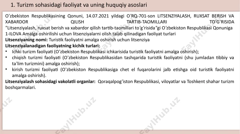 mui turistik klasterdir. turistik klasterlar kompleks turistik xizmatlar ko‘rsatish, turistik faoliyatning raqobatbardoshliligi va sifatini oshirish maqsadida turistik mahsulotni shakllantiradi, targ‘ib etadi va realizatsiya qiladi. 3. turizm sohasidagi faoliyatni amalga oshirish shartlari turistik faoliyat turoperatorlik turistik mahsulotni shakllantirish, targ‘ib etish va realizatsiya qilish yuzasidan yuridik shaxs tomonidan amalga oshiriladigan tadbirkorlik faoliyati turoperatorlik faoliyatidir. turagentlik turistik mahsulotni targ‘ib etish va realizatsiya qilish yuzasidan yuridik yoki jismoniy shaxs tomonidan amalga oshiriladigan tadbirkorlik faoliyati turagentlik faoliyatidir. turoperatorlar va turagentlar turistik faoliyatni vakolatli davlat organi tomonidan beriladigan litsenziya asosida amalga oshiradi turoperatorlar va turagentlar faoliyatini amalga oshirishda litsenziya asosiy talablari va shartlari quyidagilardan iborat: turistik mahsulot buyurtmachisi bilan turistik xizmatlar ko‘rsatish shartnomasi tuzilganidan keyin turistik xizmatlar ko‘rsatish; har bir turistga va ekskursantga turistik sayohat vaqtida o‘zbekiston respublikasiga hamda chet davlatlarga kirish, ulardan chiqish va ularda bo‘lishning o‘ziga xos xususiyatlari to‘g‘risidagi axborotni yetkazish; turistga va ekskursantga o‘z ishi tartibi, joylashgan eri (pochta manzili), litsenziyaning mavjudligi, turizmning …
