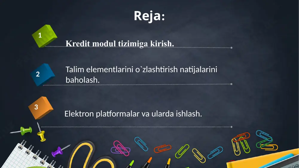 erkinlik berish bilan bir qatorda, kelajakda tanlagan sohasining raqobatbardosh mutaxassisi boʻlib yetishishi uchun akademik jarayonni mustaqil rejalashtirish imkonini ham taqdim etdi. ayni chogʻda, baholash tizimi va taʼlim texnologiyalarining takomillashishiga ham olib keldi. kredit modul tizimi boʻyicha talabalarning bir yilda toʻplashi lozim boʻlgan kredit miqdori 60 ni tashkil etadi. bir oʻquv yili ikki semestrdan iborat boʻladi deb ­olsak, talaba har semestrda 30 kredit toʻplab borishi lozim. bakalavriat dasturi 3-4 yillik boʻlsa, talaba bakalavr darajasini qoʻlga kiritishi uchun jami 180 — 240 kredit, 1-2 yillik magistra­tura dasturini tugallashi uchun esa, 60 — 120 kredit toʻplashi majburiyat hisoblanadi. dastlabki hisob-kitoblarga koʻra, universitetda bakalavriyat bosqichida bir semestrda oʻqish 15 hafta va attestatsiya uchun 6 (bir semestrda 3 hafta imtihonlar uchun ajratilgan) hafta ajratilmoqda. shunda 4 yilda oʻqish haftalari soni 144 tani, attestatsiyalar 24 haftani hamda umumiy taʼtillar bilan hisoblaganda jami 204 haftani tashkil etmoqda. barcha taʼlim yoʻnalishi va mutaxassisliklar oʻquv rejalarida har bir bosqichda …