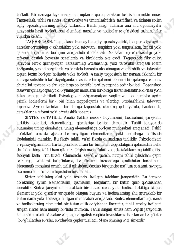 ldindan aytib beradilar. sharq mutafakkirlari jamiyat taraqqiyoti qonunlarini ochib berganlar. bu qonunlarni bilish ijtimoiy - siyosiy voqealarning qay tarzda borishini (bilish tufayli mumkin bo‘lmoqda) oldindan bilib turish imkoniyatlarini beradi. oldindan bilish muayyan maqsadni qo‘yishga va ana shu maqsadga muvofiq harakat qilishga imkon beradi. odamlarning hozirgi amaliyoti bizning xilma - xil mehnatimiz natijasini oldindan bilish tufayli mumkin bo‘lmoqda. mehnat faoliyati ayni vaqtda fikrlash faoliyati hamdir. tafakkur yo‘li bilan aniqlangan abstrakt - nazariy qoidalar inson amaliyotida sinovdan o‘tkaziladi, (tasdiqlanadi yoki rad qilinadi), voqelikni xuddi shu yo‘l bilan eng to‘g`ri va aniq bilib olinadi. tafakkur ongning voqelikni eng aniq, chuqur, to‘liq, umumiylashtirib va bevosita aks ettirishga (bilishga) qaratilgan faoliyatdir, asosan narsalarni bevosita sezishimiz va idrok qilishimiz mumkin bo‘lmagan bog`lanishlar va munosabatlarning aks etishidir. fikrlar, hukmlar va tushunchalar dastlab idrok va tasavvur asosida vujudga keladi. bu fikrlar xotirada mustahkamlanadi va so‘ngra tafakkurning yuksakroq va murakkabroq jarayonlari uchun material (asos) bo‘lib qoladi. har bir kishi …