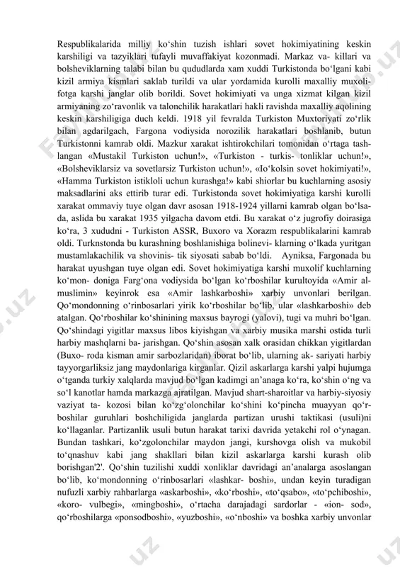 duch kelgan har kanday odamlar talash va tunash uchungina otib tashlandi. bu ishlarning boshida skalov turibdi...»316. g.b. skalov «xiva inkilobi» ning asosiy tashkilotchi- laridan biri bo‘lib, xivada xoilik tuzumini agdarib tash- lashgan edi. g. skalov keyinchalik buxorodagi kizil armiya saflarida raxbarlik lavozimida ishlagan. rsfsr ning xiva va amudaryo bo‘limidagi favkulodda va- kili g.i. broydoning e’tirof etishicha, kizil askarlar 12 va undan katta yoshdagi qizlarni to‘ilab, petro-aleksandrovskka jo‘natishgan, bu kizlarni gahkirlab, turli maksadlarda foy- dalanishgan, so‘ngra ularni yana kaytadan sotib yuborishgan317. buxoroda xam kizil armiya xuddi shunday zo‘ravonlik si- yosatini olib bordi. 1-turkiston otliklar diviziyasining komandiri spaskiy 1921 yil baxorida sharkiy buxoro- ning boshlangan ommaviy ko‘zgolonlarga kizil askarlarning boskinchilik va talonchiliklari yeabab bo‘lganligini ta’kid- lagan. turkiston frongi revvoyensovet a’zosi p.i. baranov- ga murojaatida kizil askarlar shaharni talon-taroj kilib, kolgan tinch aholini kirib yuborganligini ta’kidlaydi31*. 1920 yilda buxoro va xiva xonliklari bolsheviklar tomonidan zo‘rlik bilan agdarildi, ularning o‘rnida 1920 yil aprelda xorazm …