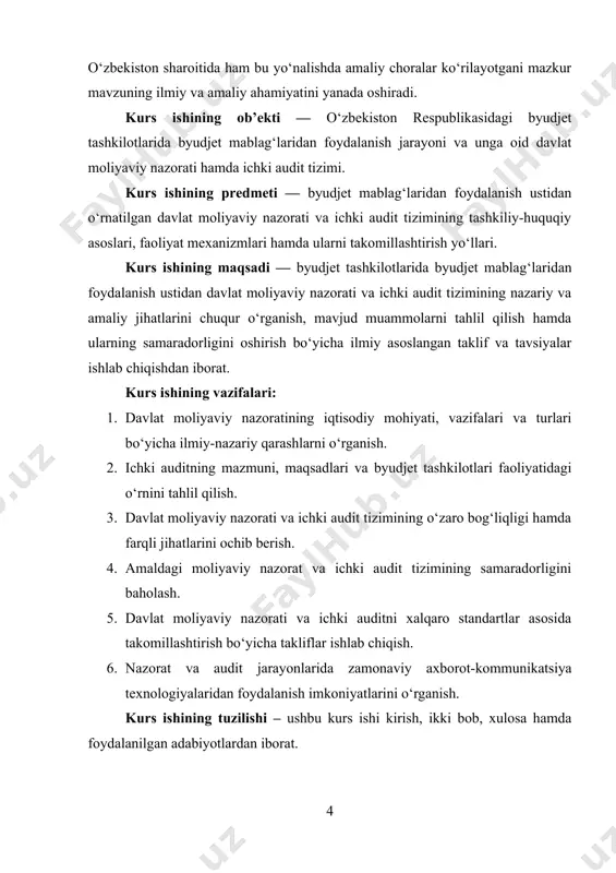 avlat tomonidan moliyaviy resurslarning shakllanishi, taqsimlanishi va ishlatilishiga doir barcha jarayonlarni tekshirish, baholash hamda zarur bo‘lsa ularni to‘g‘rilash bo‘yicha choralarni ko‘rishni o‘z ichiga oladi[footnoteref:1]. [1: abdukarimov, i.a. davlat byudjeti va moliyaviy nazorat: o‘quv qo‘llanma. – toshkent: iqtisod-moliya, 2019. – 212 b.] davlat moliyaviy nazorati nafaqat byudjet mablag‘larining yo‘naltirilgan maqsadlar asosida sarflanishini, balki ularning iqtisodiy samaradorligini ham ta’minlaydi. uning mohiyati shundaki, davlat mablag‘laridan foydalanishda oshkoralik, hisobdorlik va moliyaviy intizomni kuchaytirish orqali davlatning iqtisodiy siyosatini amalga oshirish jarayoni himoya qilinadi. bu nazorat mexanizmi davlat manfaatlarini, soliq to‘lovchilarning huquqlarini hamda byudjet intizomini buzilishidan himoya qiladi. masalan, davlat byudjetidan sog‘liqni saqlash sohasiga ajratilgan mablag‘lar belgilangan tibbiy loyihalar uchun sarflanayotganligini tekshirish, xarajatlar smetasining tasdiqlangan me’yorlarga muvofiqligini aniqlash davlat moliyaviy nazoratining amaliy ko‘rinishidir. davlat moliyaviy nazoratining zaruriyati bir nechta asosiy omillar bilan izohlanadi[footnoteref:2]. [2: akramov, k.b. byudjet hisoboti va tahlili. – toshkent: iqtisodiyot, 2020. – 180 b.] birinchidan, byudjet mablag‘larining hajmi katta bo‘lib, ularning maqsadsiz yoki …