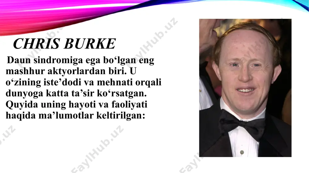 inklyuzivlikni qo‘llab-quvvatlash tarafdori. uning onasi bilan birga yuritadigan loyihalari orqali u nogironlar huquqlari uchun faol kurashadi. ta’siri madeline stuart dunyoga imkoniyatlar cheklanmaganligini ko‘rsatdi. u moda olamida qabul qilingan qoidalarga qarshi chiqib, boshqa nogiron insonlar uchun yangi eshiklarni ochdi. shaxsiy hayoti madeline o‘zining sog‘lom turmush tarziga e’tibor qaratib, sport bilan shug‘ullanadi. u tanasi va ruhi uchun sog‘lom bo‘lishning ahamiyatini keng jamoatchilikka yetkazishga harakat qiladi. etiboringiz uchun raxmat! image2.png image3.png image4.png image5.png image1.png /docprops/thumbnail.jpeg