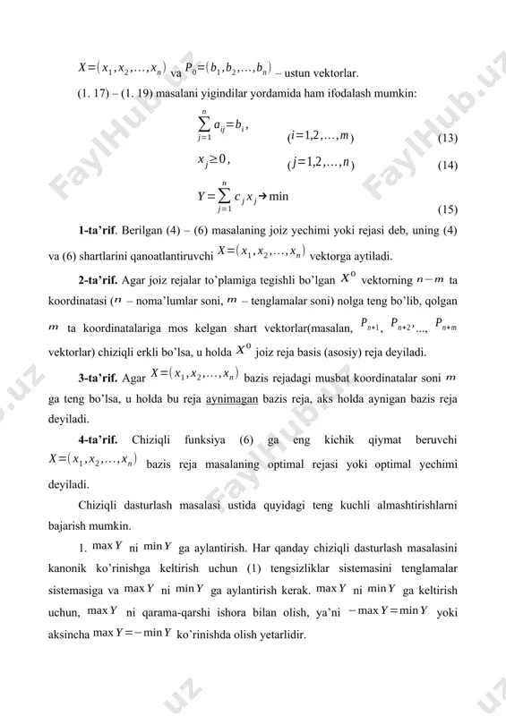 ktorni (17) tenglamaning yechimi ekanligini ko’rsatamiz. endi agar (17) tenglamani qanoatlantirsa, u holda u (16) tengsizlikni ham qanoatlantirishini ko’rsatamiz. shartga ko’ra: bu tenglamadan sonni tashlab yuborish natijasida tengsizlikni hosil qilamiz. bundan ko’rinadiki, – (16) tengsizlikning yechimi ekan. shunday yul bilan chiziqli dasturlash masalasining cheklamalaridagi tengsizliklarni tenglamalarga aylantirish mumkin. bunda shunga e’tibor berish kerakki, sistemadagi turli tengsizliklarni tenglamalarga aylantirish uchun ularga bir-birlaridan farq qiluvchi nomanfiy o’zgaruvchilarni qo’shish kerak. masalan, agar chiziqli dasturlash masalasi quyidagi (18) (19) (20) ko’rinishda bo’lsa, bu masaladagi tengsizliklarning kichik tomoniga , ,..., qo’shimcha o’zgaruvchilar qo’shish yordamida tenglamalarga aylantirish mumkin. bu o’zgaruvchilar ga 0 koeffitsiyent bilan kiritiladi. natijada berilgan (18) – (20) masala quyidagi ko’rinishga keladi. (21) (22) (23) xuddi shuningdek, (24) (24) (25) ko’rinishda berilgan chiziqli dasturlash masalasini kanonik ko’rinishga keltirish mumkin. buning uchun qo’shimcha , ,..., o’zgaruvchilar tengsizliklarning katta tomonidan ayriladi. natijada quyidagi masala hosil bo’ladi: (26) (27) (28) endi chiziqli dasturlash masalasi yechimlarining xossalari bilan …