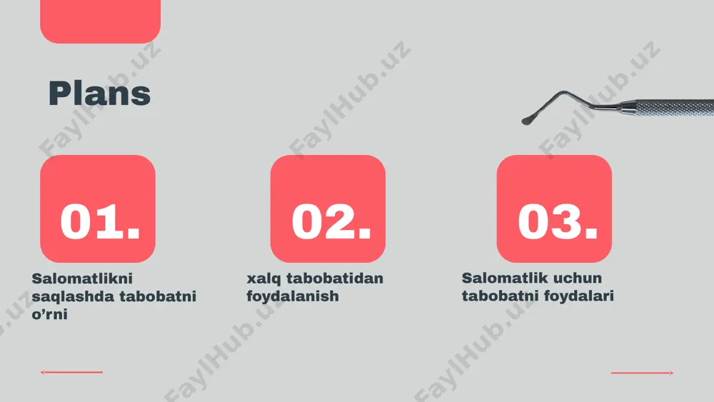 qilish tavsiya etiladi. xalq tabobatining usullari e'tiborga olish kerak bo'lgan jihatlar tabobat va salomatlik: foydali xulosa xalq tabobati asoslari xalq tabobati salomatlikni saqlashda muhim rol o'ynaydi. u tabiiy usullar bilan kasalliklarni oldini olish va davolashda yordam beradi. masalan, o'zbek xalq tabobatida o'tlar, masalan, asal va zira, ko'plab kasalliklarni davolashda qo'llaniladi. biroq, xalq tabobatining ayrim kamchiliklari mavjud: ilmiy asosning yetishmasligi va xavfli bo'lishi mumkin. kelajakda xalq tabobatini rivojlantirish uchun ilmiy tadqiqotlar va zamonaviy tibbiyot bilan integratsiya qilish zarur. misol uchun, o'tlar va an'anaviy usullarni zamonaviy tibbiy tadqiqotlar bilan birlashtirish mumkin. xalq tabobati – bu tabiiy resurslar va an'anaviy bilimlarga asoslangan sog'liqni saqlash usulidir. uning o'ziga xos xususiyatlari shundaki, u dorivor o'simliklar, xalq retseptlari va an'anaviy usullarni o'z ichiga oladi, bu esa sog'liqni mustahkamlashda muhim hisoblanadi. asosiy usullar: - dorivor o'simliklar: tabiiy o'simliklardan tayyorlangan preparatlar, masalan, chamomil, shifobaxsh xususiyatlari bilan tanilgan. - xalq retseptlari: o'zbek xalqining an'anaviy taomlari va ichimliklari, masalan, choy, …