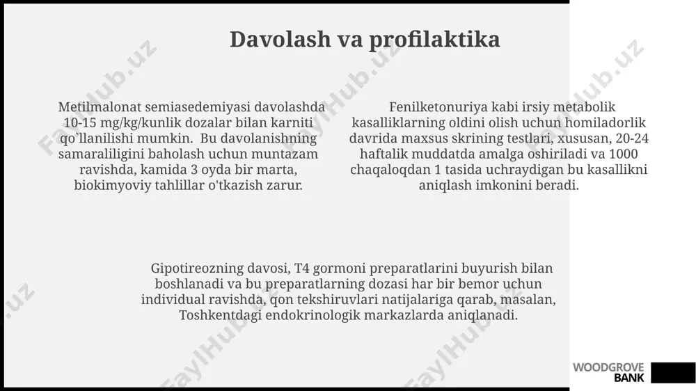 , bu esa olimpiya oliy darajadagi o'zgarishga olib kelishi mumkin. gipotiroidizm, tugʻma gipotiroidizmning eng keng tarqalgan shakli boʻlib, taxminan 1:4000 chaqaloqqa taʼsir qiladi va agar davolanmasa, jiddiy aqliy zaiflikka, yaʼni oligofreniyaga olib kelishi mumkin. woodgrove bank fenilketonuriya (fku) aqsh va yevropa mamlakatlarida yangi tug'ilgan chaqaloqlarni fku ga skrining qilish milliy dasturlari mavjud bo'lib, bu erta tashxis qo'yish va o'z vaqtida davolash imkonini beradi, bu esa bolaning intellektual rivojlanishiga ijobiy ta'sir ko'rsatadi. fku bilan og'rigan bolalarda fenilalanin darajasini nazorat qilish uchun maxsus parhez buyuriladi, bu parhez tarkibida fenilalanin miqdori cheklangan va tirozin boy ovqatlar, masalan, go'sht va sut mahsulotlari qo'llaniladi. fenilketonuriya (fku) 10 000 chaqaloqdan 1 tasida uchraydi va agar davolanmasa, jiddiy intellektual nogironlikka olib kelishi mumkin, ayniqsa, rivojlangan mamlakatlarda skrining dasturlari keng qo'llanilmoqda. woodgrove bank e'tiboringiz uchun rahmat @taqdimot_robot woodgrove bank