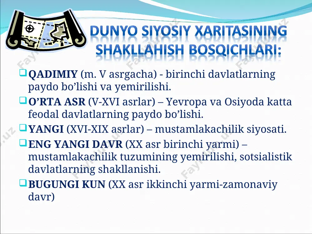 t) davlatlar – xitoy, hindiston, aqsh, braziliya; o’rta davlatlar – aljir, meksika, avstraliya; aholisi 10-30 ming kishi va undan kam mikrodavlatlar – san-marino, monako, vatikan. dengiz bo’yida – jar, misr, chili, tayland; yarim orolli – portugaliya, hindiston, koreya, italiya; orol davlatlari – buyuk britaniya, kuba, madagaskar, islandiya; qit’a ichi davlatlar 42 ta- avstriya, chad, mongoliya, turkmaniston. prezidentlik parlamentar argentina, braziliya, tojikiston, kosta-rika. germaniya, italiya, isroil, hindiston. konstitutsion- podsholik qiladi, lekin idora qilmaydi. mutlaq- ham podsholik, ham idora qiladi. teokratik- “xudodan berilgan” belgiya, norvegiya, ispaniya, yaponiya ummon, qatar, bruney vatikan, saudiya arabiston