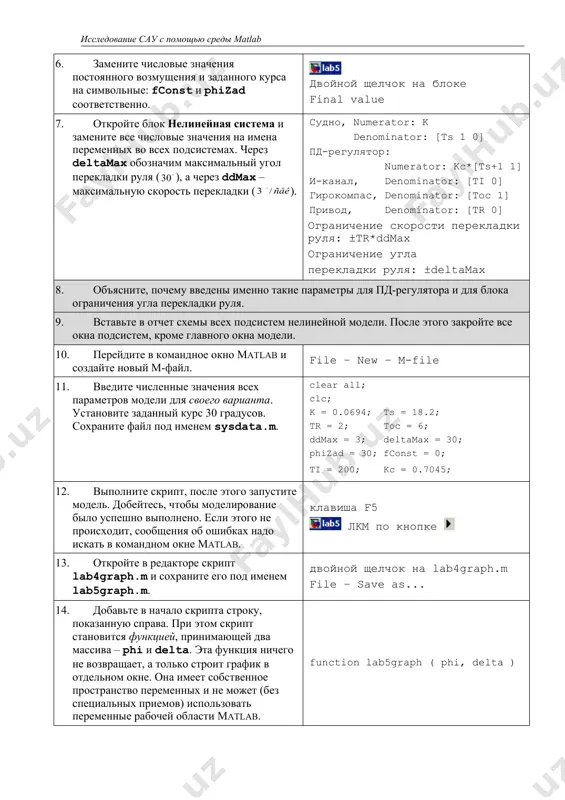 ti = 200; kc = 0.7045; 12. выполните скрипт, после этого запустите модель. добейтесь, чтобы моделирование было успешно выполнено. если этого не происходит, сообщения об ошибках надо искать в командном окне matlab. клавиша f5 лкм по кнопке 13. откройте в редакторе скрипт lab4graph.m и сохраните его под именем lab5graph.m. двойной щелчок на lab4graph.m file – save as... 14. добавьте в начало скрипта строку, показанную справа. при этом скрипт становится функцией, принимающей два массива – phi и delta. эта функция ничего не возвращает, а только строит график в отдельном окне. она имеет собственное пространство переменных и не может (без специальных приемов) использовать переменные рабочей области matlab. function lab5graph ( phi, delta ) 15. удалите из функции лишние строки, учитывая, что теперь массивы phi и delta имеют только 2 столбца (строятся только процессы в нелинейной системе). 16. измените заголовок на «переходные процессы при изменении курса». сохраните файл и скопируйте текст функции в …