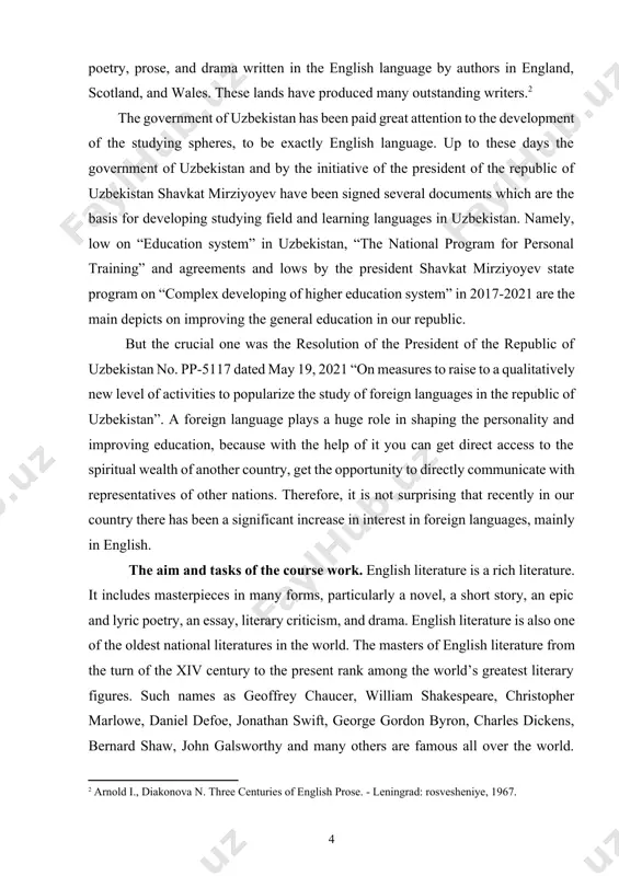 is crucial, but it also emphasizes the importance of what takes place in the larger world. having studied the outline given above, and the periodizations presented in other books on english literature, and taking into consideration the general objectives of the course and the number of academic hours in the curriculum, we decided to focus on more issues and divided this book into nine units according to the following outline: the structure of the course work the given course work consists of introduction, main body, conclusion and bibliography. main body 1. history of english literature for the first eleven hundred years of its recorded history, the island of britain suffered a series of invasions. the southern part of the island, washed by the warm waters of the gulf stream, was attractive to outsiders with its mild climate and rich soil. each invasion brought bloodshed and sorrow, but each also brought …