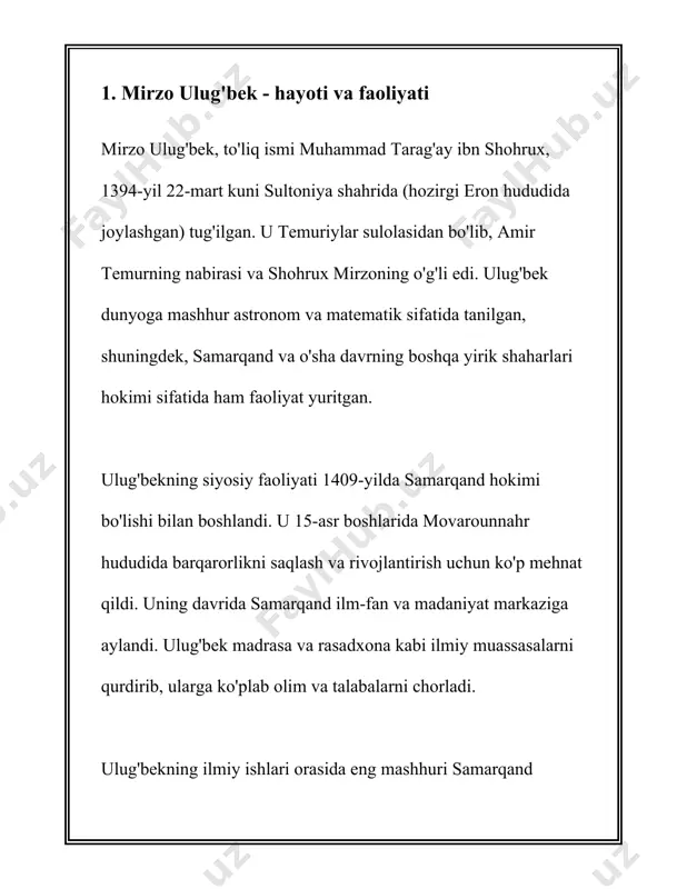 -1429-yillarda qurilgan. ushbu rasadxona dunyodagi eng yirik va zamonaviy astronomik kuzatuv markazlaridan biri bo‘lgan. ulug‘bek rasadxonasi joylashgan samarqand shahri o‘sha davrda ilm-fan va madaniyat markazi sifatida tanilgan. ushbu rasadxona orqali ulug‘bek va uning yordamchilari ko'plab astronomik o'lchovlarni amalga oshirgandilar. ulug'bekning eng mashhur ilmiy asari "zij-i ko'ragoniy" yoki "ulug'bek zij" deb ataladi. bu asar astronomik jadval bo‘lib, 1437-yilda nashr etilgan. zijda turli sayyoralar, yulduzlar va ularning joylashuvi haqida aniq ma'lumotlar berilgan. ushbu jadvalning aniqligi shunchalik yuqori ediki, ayrim hisoblamalar xviii asrgacha o‘z ahamiyatini yo‘qotmagan. ulug'bek zijida 1018 ta yulduzning koordinatalari va porlashi keltirilgan edi. ulug‘bekning ilmiy ishiga asoslangan xulosalar faqat markaziy osiyo emas, balki islom dunyosining boshqa mintaqalariga ham tarqaldi. uning zijiga yevropa olimlari katta qiziqish bildirishgan va uni o'rganishgan. ulug'bek o‘z davrida matematikani rivojlantirishda ham katta hissa qo'shgan. u trigonometrik funksiyalar, sinus va kosinus qadriyatlarini aniq o‘lchashda muvaffaqiyatga erishgan. ulug'bekning zamondoshlari va keyingi avlod olimlari uning ilmiy merosidan keng foydalanganlar. …