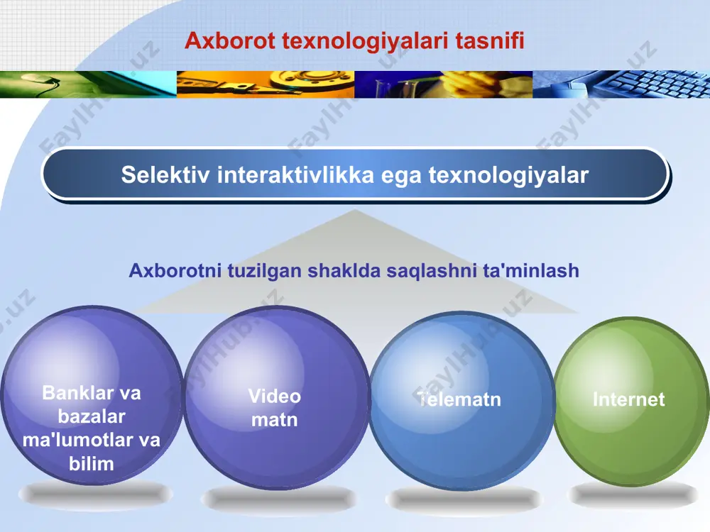 ayonini intensivlashtirish kadrlar tayyorlash samaradorligi va sifatini oshirish kognitiv faoliyat uchun motivlarni ta'minlash axborot va fanlarni o'qitishning integratsiyasi orqali fanlararo aloqalarni chuqurlashtirish axborot texnologiyalarining uslubiy imkoniyatlari *o'rganishni individuallashtirish, differentsiallashtirish * ob'ektning rivojlanish jarayonini, chizmani qurishni kuzatish qobiliyati, operatsiyalar ketma-ketligi (kompyuter namoyishlari) *obyektlar, jarayonlar va hodisalarni modellashtirish *axborot bazalarini yaratish va ulardan foydalanish *multimedia vositalaridan foydalanish orqali qiziqarli tarzda taqdim etilgan katta hajmdagi ma'lumotlarga kirish * kompyuterlar, kataloglar va ma'lumotnomalar bilan ishlashda axborotni qayta ishlash ko'nikmalarini shakllantirish * o'z-o'zini nazorat qilishni amalga oshirish * o'qitish va o'z-o'zini tayyorlashni amalga oshirish * o'rganish motivatsiyasini oshirish (o'yinlar, multimedia) * qiyin vaziyatda eng yaxshi qaror qabul qilish ko'nikmalarini shakllantirish * muayyan fikrlash turini rivojlantirish (masalan, vizual-majoziy) *axborot madaniyatini shakllantirish e’tiboringiz uchun raxmat image6.wmf image2.jpeg image3.jpeg image4.jpeg image5.jpeg oleobject2.bin image7.emf image8.gif image9.gif image1.png /docprops/thumbnail.jpeg