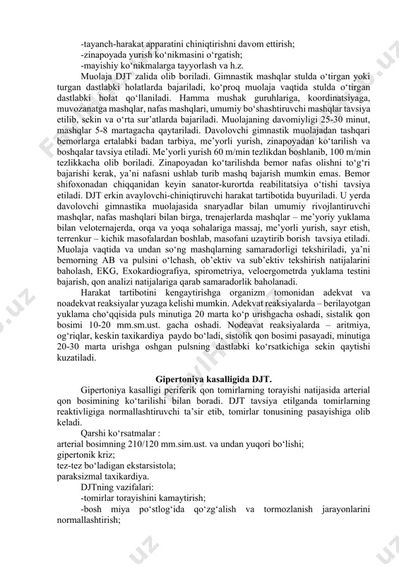 ini yoki yelka-qo‘l sindromining rivojlanishining oldini olish. davolovchi gimnastika muolajasi orqada yotgan dastlabki holatda, o‘rta hisobda 6-9 minut davomida olib boriladi. muolaja davomida qo‘l-oyoqlarning mayda va o‘rta mushak va bo‘g‘imlariga, diafragmal va fiziologik nafas mashqlari va boshni asta-sekin aylantirish mashqlari tavsiya etiladi. kengaytirilgan to‘shak harakat tartibotida bemorlar o‘rta hisobda holatiga qarab 1 kundan 14 kungacha, ba’zi holatlarda 4-8 kundan 18-20 kungacha yoki 7-9 kundan 20-23 kungacha davom etishi mumkin. djtning vazifalari : -lozim bo‘lsa asoratlarning oldini olishni davom ettirish; -qon aylanishning ekstrakardial omillarini asta-sekin chiniqtirish; -sistemalarning o‘zaro aloqalarini yaxshilash va tiklash; -vestibulyar apparatning funksional holatini tiklash; -bemorni o‘tirgan holatga o‘tkazish va o‘rgatish; -bemorni turishga va yurishga tayyorlash va h.z. davolovchi gimnastika muolajasi vaqtida mashqlar orqada, yon boshda yotgan, krovatda va stulda o‘tirgan dastlabki holatlarda bajariladi. orqada yotganda mayda va o‘rta mushak va bo‘g‘im guruhlariga mashqlar berilib, mashqlar kompleksiga asta-sekin bemorning ahvolini faollashtiruvchi mashqlar qo‘shib boriladi, ya’ni yostiqdan boshni asta-sekin ko‘tarish, …