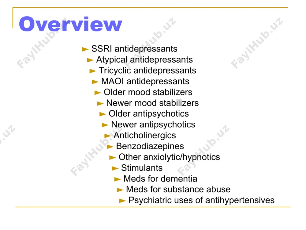 lexapro interacting effects may be dose dependent (zoloft) ssri levels tend not to be altered by other drugs but can potentially increase levels (inhibit metabolism) of certain drugs examples: paroxetine > ↑ risperidone fluoxetine > ↑ buspirone fluvoxamine > ↑ olanzapine (consult references such as www.drug-interactions.com , www.drugs.com, others) * ssri antidepressants cautions suicidal ideation and ↑ suicide risk especially with children early in tx but significant debate serotonin syndrome (ssri + maoi, possibly lithium, others) >> diarrhea, tremor, sweating, restlessness, hyperreflexia progression of symptoms if untreated ► ► ► >> disorientation, rigidity, fever >> coma, seizures >> >> death (approximately 10% mortality rate) many medications/substances have serotonin activity: dextromethorphan, fentanyl, meperidine, sumatriptan, st john’s wort, mdma (ecstasy), lsd, many others… * atypical antidepressants mechanism of action venlafaxine and duloxetine are both serotonin and norepinepherine reuptake inhibitors- “snris” mirtazapine has serotonin subtype & norepinephrine activity trazodone, nefazodone have different serotonin …