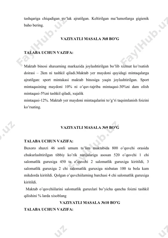 er maydoni mintaqalarini toʼgʼri taqsimlanish foizini koʼrsating amaliy ko’nikmalar №1 bo’g eshitish qo’zg’atuvchisiga nisbatan xronorefleksometr yordamida organizmning funktsional holatini aniqlash va shu bilan bir vaqtning o’zida nima qilayotganingizni imtihon oluvchiga tushuntirib bering. amaliy ko’nikmalar №2 bo’g maktab darsliklariga sanitar-gigienik baho berish va shu bilan bir vaqtning o’zida nima qilayotganingizni imtihon oluvchiga tushuntirib bering amaliy ko’nikmalar №3 bo’g kerna-iraseka sinamasi yordamida bolalarni maktabga yetukligini aniqlash amaliy ko’nikmalar №4 bo’g maktabgacha bolalar muassasalarida epidemiyaga qarshi chora-tadbirlarni tashkil etilishiga baho bering amaliy ko’nikmalar №5 bo’g bolalar muassasalarining loyihasiga sanitar-gigienik baho bering amaliy ko’nikmalar №6 bo’g tovonning shaklini plantografiya usuli yordamida aniqlang amaliy ko’nikmalar №7 bo’g maktabgacha ta’lim muassasida guruh va o’ynash xonasidagi havoning harorati va namligini aniqlang amaliy ko’nikmalar №8 bo’g maktab o’quvchilarining kiyimlarini gigienik baxolang amaliy ko’nikmalar №9 bo’g bolalar va o’smirlarning chiniqqanlik darajasini aniqlang amaliy ko’nikmalar №10 bo’g dinamometr yordamida qo’lning mushak kuchini aniqlang