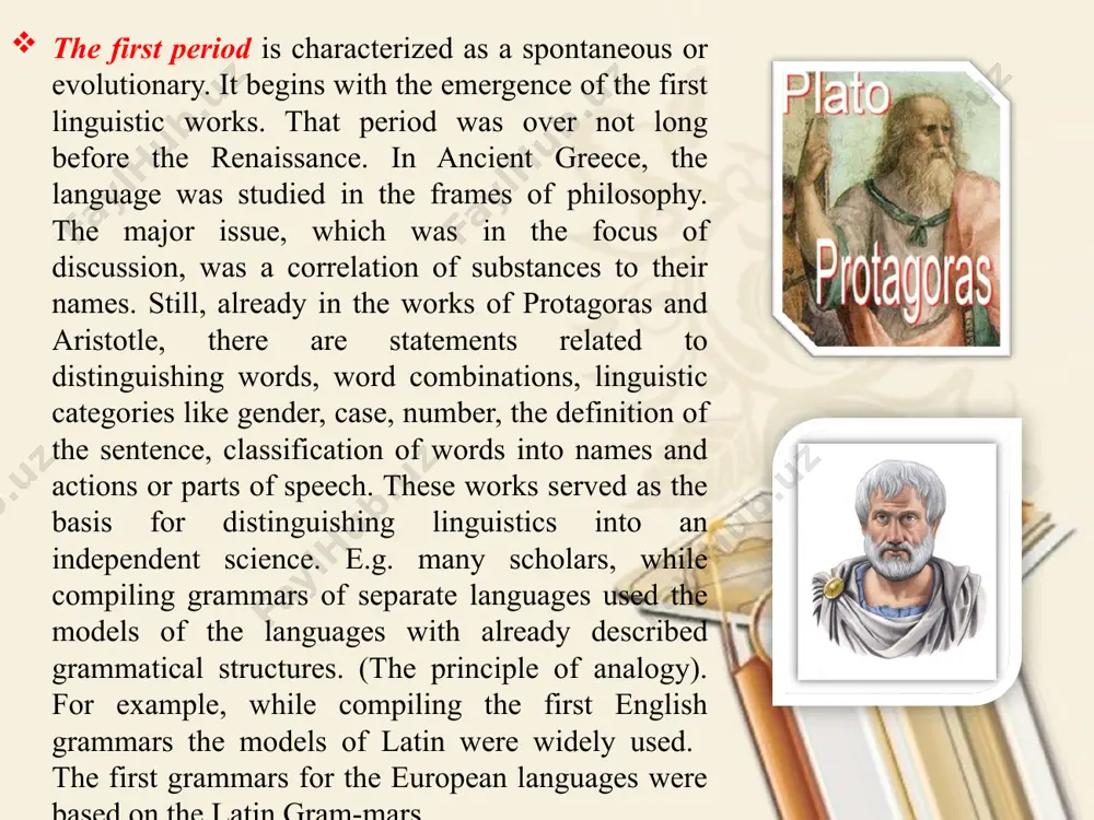 lingua latina" (117-27 вс) by varron was written with the use of the ancient greek language grammars compiled by greek philoso­phers. his great contributions were changing 5 cases in greek into 6 and 8 parts of speech into 7 in english. later, the grammar of european languages was shaped based on latin and greek languages. besides, nowadays not only grammar but poetic speech and other language units are still based on greek grammar. also, while studying certain categories of one language scholars very often use the models of more researched languages, e.g. the ancient indian models of com­pound words are used to describe many european languages the second factor is characterized as a period of the appearance of scientific comparative works. comparisons of languages and linguistic units date back to the ancient period. comparisons were scripted in “port royal grammar” where ancient scholars such as antoine arnauld, claude lancelot, analyzed …