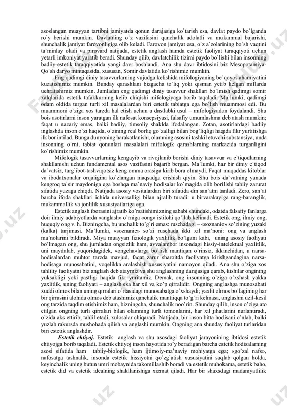 an ma’naviy tarbiyani qaror toptirishga bog`liqdir nafosat falsafasi va axloq falsafasi. nafosat falsafasi qadim-qadimlardan buyon ko’pgina fanlar bilan mustahkam aloqada rivojlanib kelgan. shulardan biri bo’lgan falsafa haqida, ular orasidagi bog`liqlik to’g`risida yuqorida aytib o’tdik. nafosat falsafasi uchun yana bir yaqin aloqador, «qadrdon» fan axloq falsafasidir. nafosat falsafasi va ruhshunoslik.ma’lumki, insonning ruhiy hayotini o’rganar ekan, ruhshunoslik hissiyotlar masalasiga katta o’rin beradi. go’zallikni, san’at asarini yaratish va idrok etish ham ma’lum ma’noda hissiyotlar bilan bog`liq. masalan, oddiy harsang tosh kishida alohida bir hissiy taassurot uyg`otmaydi. lekin toshga haykaltarosh qo’l urganidan so’ng, undan hayot nafasi, insoniy hissiyotlar ufura boshlaydi. gap bunda toshga odam qiyofasi berilganida emas, balki shu qiyofaga bir lahzalik insoniy tuyg`ularning jamlanganidadir. boshqacharoq qilib aytganda, ijodkor toshga o’zi tomoshabinga etkazishni maqsad qilib qo’ygan hissiyotlarning suratini chizadi va oddiy toshni haqiqiy san’at asariga aylantiradi. nafosat falsafasi va sotsiologiya.bugungi kunda nafosat falsafasining sostiologiya bilan aloqadorligi juda ham muhim. ma’lumki, har bir san’at asari …