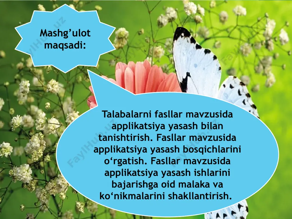 jetdan iborat bo’lishi mumkin. 1-rasm. dekorativ applikatsiya. geometrik shaklli applikatsiyalar. bajarilish texnikasiga ko’ra applikatsiyaning eng oddiy turlaridan biri geometrik shaklli applikatsiyalaridir. 2-rasm. geometrik shaklli applikatsiyalar. geometrik figuralardan predmetli applikatsiyalar. bolalarni predmetlarni fazoviy idrok etishini rivojlantirish kerak. buni atrofimizni o’rab turgan narsalar: uy, archa, daraxt, mashina, idish-tovoq, jonivorlar, gullar va shu kabilarni u yoki bu darajada geometrik shakllar bilan ifodalash mumkin. 3-rasm. geometrik figuralardan predmetli applikatsiyalar. ko’p rangli applikatsiyalar. ko’p rangli applikatsiyalarni qirqish ancha murakkab ish bo’lib, tasvirni qismlarga ajratish bilan aloqadordir. bu turdagi applikatsiyalarni bajarishda fonni tanlash juda muhimdir. fon ifodalangan predmetlar rangidan ochroq bo’lishi kerak. ana shunda predmet xuddi bo’rtib turgandek yorqin ko’rinadi. 4-rasm. ko’p rangli applikatsiyalar. badiiy applikatsiyalar. mavzuli ishlarni yaratish faqat mehnatga emas, balki badiiy tayyorgarlikni ham talab qiladi. mehnat ta’limi darslarida applikatsiya ishlarini bajarilish texnikasi o’rganiladi. rangdor surat applikatsiya mavzusining elementlarini o’quvchilar turli bayramlarga bag’ishlangan (tabriknomalar, ochiq xat muqovasini, yo’l belgilari) ishlarini bajaradilar. ish mavzu va …