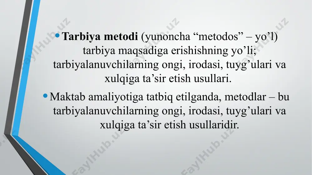 arning his-tuyg’ulari va maqsadlariga bevosita ta’sir ko’rsatishda foydalaniladi. ushbu guruhga rag’batlantirish va jazo berish kabi metodlar kiradi. ijtimoiy ongni shakllantiruvchi metodlar o’quvchilarda ma’naviy-axloqiy sifatlar, e’tiqod hamda dunyoqarashni shakllantirish maqsadida ularning ongi, his-tuyg’usi va irodasiga ta’sir ko’rsatish usullari sanaladi. bu guruh usullarining mohiyati shundaki, ular orqali o’quvchilar ongiga jamiyatda ustuvor o’rin tutuvchi ijtimoiy g’oya va maqsadlar singdiriladi. suhbat. a) etik mavzular (ijtimoiy ma’naviy-axloqiy me’yorlar, jamiyatda ustuvor o’rin tutuvchi ijtimoiy munosabatlar, jamoa orasida o’zini tutish qoidalari va boshqalar); b) estetik mavzular (tabiat go’zalligi, shaxslararo munosabatlar, inson go’zalligi); v) siyosiy mavzular (davlatning ichki va tashqi siyosati, dunyo voqealari, xalqaro munosabatlar va boshqalar); g) ta’lim va bilishga oid mavzular (koinot, hayvonot va o’simliklar dunyosi, elektronika va boshqalar). hikoya. o’quvchilar odatda hayot va turli adabiyotlardan olingan aniq misollar bilan boyitilgan hikoyalarni katta qiziqish bilan tinglaydilar. ularga axloq me’yorlari, xalq o’tmishi, tabiiy boylar, qahramonlar hayoti va jasorati, shuningdek, tarix, adabiyot va san’at haqida hikoya qilib berish …