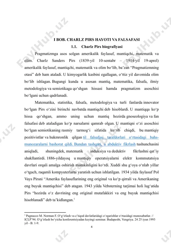 oʻriqlash xizmatiga kirgan. shuningdek, u universitet rasadxonasida ishlagan, uning ilmiy ishlarida fotometriya bo‘yicha birinchi ilmiy nashri paydo bo‘lgan. u matematika, fizika, geodeziya va spektroskopiya sohalarida qator ilmiy kashfiyotlar qildi. u garvardda (zamonaviy fan va mantiq tarixi boʻyicha, 1870–1871), jon xopkins universitetida (1879–1884) va louell institutida bir qancha maʼruzalar oʻqigan. 1867 yilda amerika fan va san’at akademiyasiga, 1877 yilda milliy fanlar akademiyasiga va 1880 yilda london matematika jamiyatiga a’zo etib saylandi. ko‘p sonli asarlar muallifi (matematika, fizika, kimyo, filologiya, tarix va din falsafasi, falsafa tarixi, mantiq va boshqalar bo‘yicha), ularning aksariyati o‘z hayoti davomida (30-50-yillarda) tugallanmagan va nashr etilmagan. xx asr). pirs asarlarining 8 jildlik tanqidiy nashri aqshda amalga oshirildi). darhaqiqat, u faqat bitta ajoyib ishni tugatdi - buyuk mantiq. 1891 yilda nafaqaga chiqqanidan so‘ng, pirs milford (pensilvaniya) yaqinidagi fermaga joylashdi, uni do‘stlari, xususan, u. jeyms qo‘llab-quvvatladi. pirs 1914 yil 19 aprelda milford yaqinida vafot etdi. pirsga eng chuqur ta’sir ko‘rsatgan …