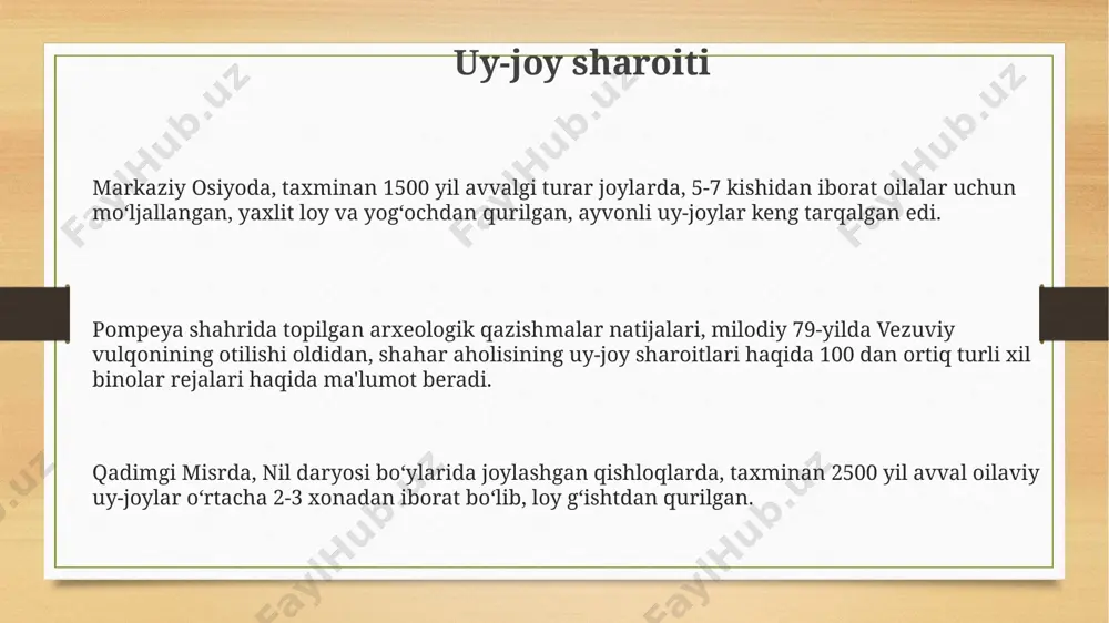 osh xudosi inti sharafiga o'tkazilgan bayramlar va qurbonliklar bilan uzviy bog'langan edi. kiyim-kechak va bezak buyumlari miloddan avvalgi 1-ming yillikka oid afrasiyob shahridan topilgan kumush va oltin bezak buyumlari, 5-10 gramm og'irlikdagi munchoqlar va bilaguzuklar, o'sha davr aholisining yuqori hunarmandchilik mahoratini namoyish etadi. kiyim-kechak va bezak buyumlarini tayyorlashda 3000 yildan ortiq tarixga ega bo'lgan marg'ilon shahri yaqinidagi qadimiy aholi punktlarida topilgan teridan tikilgan poyabzallar va jun mato namunalari aniqlangan. taxminan 2500 yillik tarixga ega bo'lgan so'g'diyona viloyatidan topilgan rang-barang ipak matolar, o'simlik bo'yoqlari bilan bo'yalgan va murakkab naqshlarga ega bo'lib, savdo yo'llari orqali uzoq masofalarga yetkazilganini ko'rsatadi. oziq-ovqat mahsulotlarini yetishtirish mesopotamiyada, miloddan avvalgi 4000 yillarda, sugʻorish tizimlari yordamida 50 dan ortiq turdagi oʻsimliklar, jumladan, xurmo va tarix, yetishtirilgan. qadimgi misrda, nil daryosi boʻylarida, taxminan 6000 yil avval dehqonchilik rivojlangan boʻlib, bugʻdoy, arpa va zigʻir kabi hosil etishtirish bilan shugʻullanishgan. and vodiysida, miloddan avvalgi 1000 yillarda, and aholisi 100 ga yaqin …