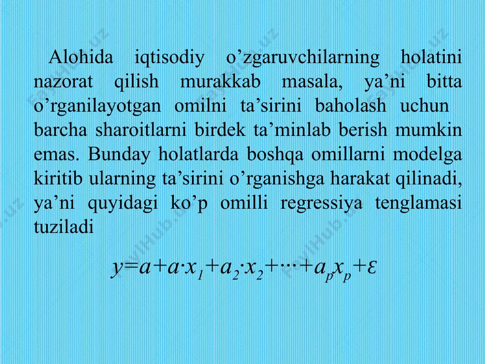 ko‘shimcha o‘sish sur’ati natijaviy belgining ko‘shimcha o‘sish sur’atidan yukori bo‘lsa, u holda bu koeffitsient birdan kichik buladi )1(э va aksincha )1(э .  ppi xbxbxbay ... 221 - ko‘p omilli regressiya chiziqli tenglamasi asosida regressiyaning xususiy tenglamalarini quyidagicha yozish mumkin:               ).( ...................... ),( ),( .... 2... 1.... 121 312 321 pxxxx xxxx xxxx xfy xfy xfy pp p p , ya’ni ushbu tenglamalar sistemasi natijaviy belgini mos x omil belgi bilan, ko‘p o‘lchovli regressiyada e’tiborga olinuvchi qolgan belgilarini o‘rtacha qiymatida ushlab turgan holda, bog‘lanishini ifodalaydigan regressiya tenglamalaridan iborat. regressiyaning xususiy tenglamalari quyidagi ko‘rinishga ega:                  ppppxxxx ppxxxx ppxxxx xbxbxbxbay xbxbxbxbay xbxbxbxbay pp p p 112211,..., 332211..., 332211..., ... ..................................................................... ... ... 121 312 321 (6.2) ushbu tenglamalarga mos omillarning o‘rtacha …