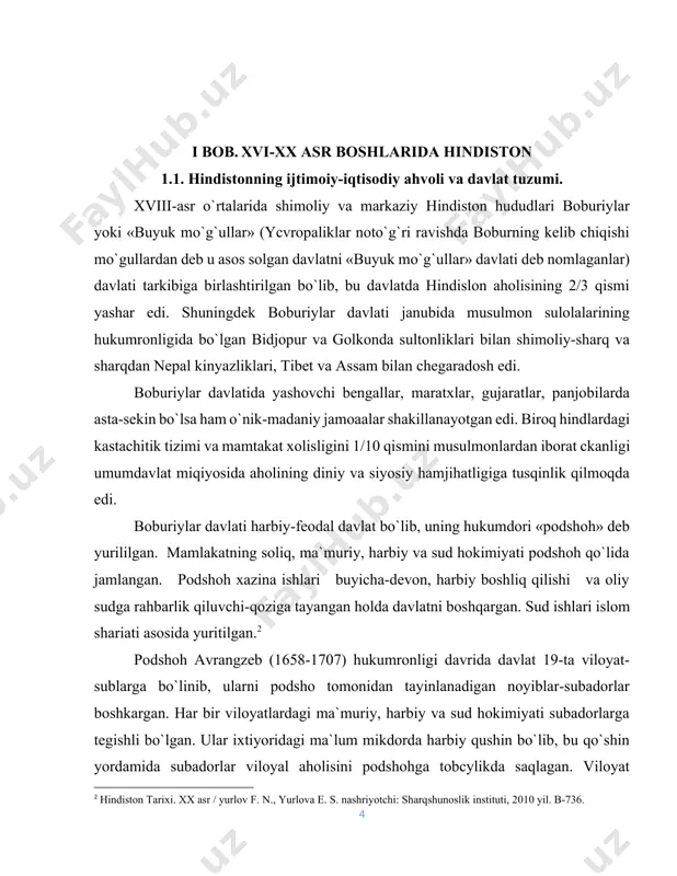cha oliy lavozimlar musulmonlar qo`lida bo`lib, ularni ijtimoiy va etnik kelib chiqishi turli xil bo`lgan. hukmdorlar. harbiy boshliqlar va bir qism oddiy harbiy askarlar turkiylardan, qo`shin askarlarining ko`pchiligi afgonlardan iborat bo`lib. ma`muriyatda shia mazhabiga e`tiqod etuvchi eroniylar va ruhoniysar orasida esa arablar ko`pchilikni tashqii qilgan. podshoh mamlakatdagi barcha yerlarning oliy feodal mulkdori bo`lgan. shu sababli ishlov beriladigan hamma yerlardan davlat foydasiga soliq va majburiyatlar yig`ilgan. yerlarning kata qismi jag`ir, zamindor, in`om va vakf kabi feodal yer mulklaridan iborat bo`lgan. jag`irlarning egalari-jagirdorlar deb atalgan, ular feodallarning hukumron qatlamini lashkil qilganlar. bular harbiy boshliqlar bo`lib, davlat oldidagi xizmatlari uchun unvon va mansabining katta va kichikligiga qarab ma`lum bir hududdagi yer soliqlarini o`zlashtirish xuquqiga ega bo`lganlar. avrangzeb hukmronligi vaqtida mamlakatda jag`irdorlarni soni 4 ming kishiga etgan. jag`irdorlar daromadining bir qismini harbiy unvonga mos ravishda ma`lum maqsadda o`langan qo`shinni ta`minlashga sarflangan. jagirdorlik naslidan nasliga myeros o`tgan. jagirdorlarning aksariyat qismi musurmonlardan iborat bo`lgan jagirdorlardan farqli …