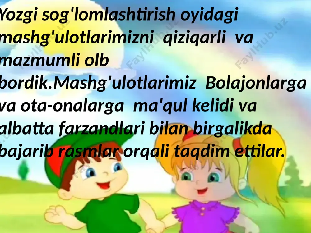 arida ta'lim jarayonini mavzuli rejalashtirishdan foydalanilgan holda faoliyat olib borildi. "yoz òtmoqda soz" mavzusida audiosuhbat òtkazildi. yoz fasli haqida videorolik tayyorlanib, bolalarga taqdim etildi. yoz faslining qiziqarli va foydali jihatlari haqida tushuncha berildi. "yoz keldi" she'ri òqib berildi. qurish yasash va matematika. matematika mamlakatiga sayohat. geometrik shakllar haqidagi tushunchalarini mustahkamlandi va shakllarni predmetlar orasidan ajratish topshiriģi berildi. shu bilan birga 1 dan 10 gacha òng va teskari sanashga harakat qilish taklifi berildi. ochiq havoda sayr. ota-onalarga farzandlari bilan ochiq havoda sayr tashkil etish bòyicha tavsiyalar berildi. hashoratlarni kuzatish va pishgan mevalarni foydali jihatlari haqida ma'lumot berildi. san'at markazida "quvnoq svetafor" aplikatsiyasi. yòl harakari qoidalarini òrgatishda davom etildi. svetafor haqida she'r yuborilib, bolalarga yodlashlari tavsiya etildi. aplikatsiya uchun namunalar yuborildi. "toģli manzara" mavzusida rasm chizish. ota onalarga farzandlari uchun toģ va darahtlar, suv va maysalar bilan tanishtirib, rasmini chizib berishlari va bòyash jarayonini kuzatishlari aytildi. chizishlari uchun namunalar yoborildi. nutq va …