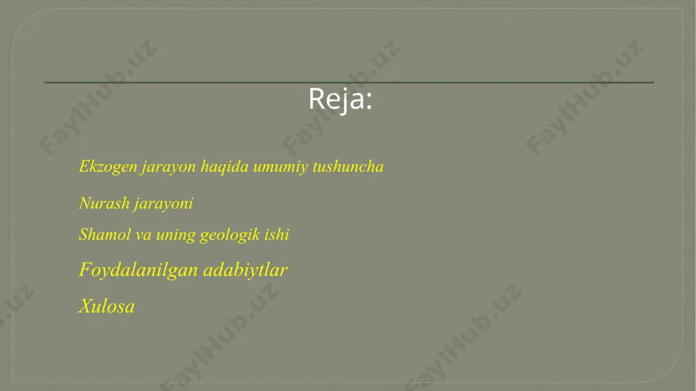 n geologik jarayonlarning bir-biriga boʻlgan aloqasiga bogʻlikdir (qarang ekzogen jarayonlar). ). nurash — atmosferaning fizik-kimyoviy, yer osti va yer usti suvlari hamda organizmlarning taʼsirida yer yuzidagi tog jinslari va minerallarning buzilish va yemirilish jarayoni. n.ning fizik, kimyoviy va organik turlari maʼlum. sodir boʻlish muhitiga koʻra, atmosfera va suv osti n. farqlanadi. fizik n. temperaturaning keskin oʻzgarib turishi va tog jinslarining quyosh nuridan har xil qizishi sababli katta-kichik boʻlaklarga boʻlinishidir. bunda nuragan tog jinsini tashkil etuvchi minerallarning kimyoviy tar-kibi deyarli oʻzgarmaydi. togʻ jinslarida koʻplab yoriklarning boʻlishi va suvning muzlab qolishi fizik n.ni tezlashtiradi. suv muzlaganda hajmi kengayib, yoriq devorlarining 1 sm2 yuzasiga taʼsir etgan kuchi 870 kg ga yetadi. bunday n. yalang togʻ jinslarida, baland togʻlarda yilning hamma faslida sodir boʻladi. natijada chaqiq jinslar uyumi hosil boʻladi. yemirilgan jinslar zarrachalarining kattaligi 0,01 mm gacha yetishi mumkin. kimyoviy n.da togʻ jinslarining kimyoviy tarkibi oʻzgarib yer yuzasida barqaror minerallar hosil boʻladi. togʻ jinslari …