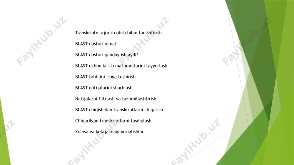 boshqa usullar bilan solishtirish bioinformatika bast tez va aniq hizalama qidiruvlarini ta'minlaydi turli xil ketma-ketlik turlarini, jumladan, nukleotid va oqsil ketma-ketligini qo'llab-quvvatlaydi boshqa usullar amalga oshirish vaqtlari uzoqroq bo'lishi mumkin va aniq natijalar bermasligi mumkin muayyan ketma-ketlik turlari bilan cheklangan, tahlil qilishda moslashuvchanlikni cheklaydi 5 bioinformatika blast dasturining asosiy xususiyatlari va funksiyalari ketma-ketlikni tekislash so'rovlar ketma-ketligini ma'lumotlar bazasidagi ketma-ketliklar bilan aniq tekislaydi elektron qiymatni hisoblash ketma-ketlik o'xshashligining statistik ahamiyatini hisoblaydi ma'lumotlar bazasini filtrlash foydalanuvchilarga ko'proq maqsadli qidiruvlar uchun maxsus mezonlar asosida ma'lumotlar bazasini filtrlash imkonini beradi 6 bioinformatika blast dasturidan foydalanishning afzalliklari samaradorlik tez natijalarni beradi, ketma-ketlik tahlilida vaqtni tejaydi aniqlik to'g'ri tekislash va o'xshashlik natijalarini beradi moslashuvchanlik har xil ketma-ketlik turlarini va moslashtirilgan qidiruv parametrlarini qo'llab-quvvatlaydi 7 bioinformatika blast dasturining ilovalari gen izohi ketma-ketlik o'xshashligi asosida genlarni aniqlash va izohlash uchun ishlatiladi filogenetik tahlil turlar bo'yicha genetik ketma-ketlikni solishtirish uchun evolyutsion tadqiqotlarda qo'llaniladi funktsional genomika ketma-ket taqqoslash orqali gen …