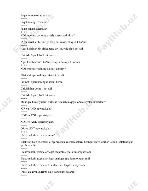 va oqim kuchi ==== frekans va to‘lqin uzunligi ==== joriy amplituda va chastota ==== signal shakli va amplitudasi ++++ bipolyar tranzistor nima? ==== bipolyar tranzistor - oqimning ikki turi (elektronlar va teshiklar) orqali ishlaydigan yarimo‘tkazgich elementidir ==== bipolyar tranzistor faqat bir turdagi oqim orqali ishlaydi ==== bipolyar tranzistor faqat kuchlanishni boshqaradi ==== bipolyar tranzistor faqat analog signallarni uzatadi ++++ bipolyar tranzistorlarning qaysi turi elektron kalit sifatida ishlatiladi? ==== npn va pnp tranzistorlari ==== n-mos va p-mos tranzistorlari ==== fet tranzistorlari ==== triaklar ++++ bipolyar tranzistorli elektron kalit sxemasining asosiy ishlash prinsipini tushuntiring? ==== bjtning bazasidagi kichik oqim signalining o‘zgarishi kollektor va emitter orasidagi katta oqimni boshqaradi ==== bjtning kollektoridagi signalni inkor qilish orqali chiqish boshqariladi ==== bjtning emitteridagi signal to‘g‘ridan-to‘g‘ri chiqishni boshqaradi ==== bjt faqat kuchlanishni boshqaradi, oqimni emas ++++ bipolyar tranzistorning ishlashda to‘g‘ri holati qanday ataladi? ==== saturatsiya holati ==== ochiq holat ==== qisqa tutashuv holati ==== tarqatish holati …