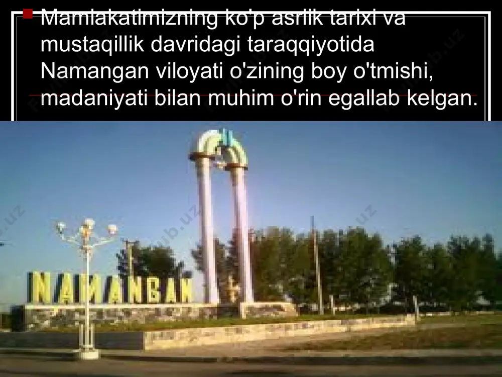 kabi ramziy ma'nolarga ham egadir. mustaqillik yillarida mamlakatimizda istiqbolni ko'zlab amalga oshirilayotgan islohotlar namangan viloyatida ham o'z ifodasini topgan. buni bunyodkorlik, xalq turmush farovonligini oshirish, sanoat, qishloq xo'jaligi, ta'lim-fan va sog'liqni saqlash tizimlaridagi o'zgarishlar, umuman barcha sohalar misolida ko'rish mumkin. viloyatning ravon yo’llari. tungi namangan … viloyat 1967 yil 18 dekabrda qayta tashkil etilgan (avval 1941 yil 6 martdan 1960 yil 23 yanvargacha mavjud bo'lgan). respublikaning sharqiy, farg'ona vodiysining shimoliy qismida joylashgan. namangan shahri va viloyatida saqlangan me'moriy yodgorliklar asosan 18-20 asr boshlarida bunyod etilgan. namangandagi mulla qirg'iz madrasasi 20-asr boshlarida shahar markazida qurilgan. madrasa uning qurilishiga rahbarlik qilganshaxs-usta qirg'iz nomi bilan atalgan image12.jpeg image13.jpeg image14.png image15.png image16.png image17.png image18.png image19.jpeg image20.png image21.jpeg image22.jpeg image23.jpeg image24.jpeg image25.jpeg image26.jpeg image27.jpeg image28.jpeg image29.jpeg image30.png image31.png image32.png image33.png image34.png image1.jpeg image4.wmf image5.png image6.png image7.png image8.png image9.jpeg image11.jpeg image2.png image3.jpeg