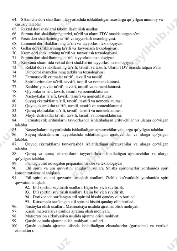 orlash. yordamchi moddalar qo‘shib tabletka tayyorlash texnologiyasi. 41. yig’malar ta’rifi, tavsifi va tasnifi. yig’malarni korxona sharoitida ishlab chiqarish texnologiyasi. 42. antidiabetik yig’mani tarkibi va tayyorlanish texnologiyasi 43. galmanin kukunini tarkibi va tayyorlanish texnologiyasi 44. rux sulfat mikrotabletkasining tabletkasining tarkibi va texnologiyasi 45. plantaglyusid granulasining tarkibi va tayyorlash texnologiyasi. 46. natriy xlorid tabletkasining tarkibi va texnologiyasi 47. streptosid tabletkasining tarkibi va texnologiyasi 48. kukunlarni sifatini baholash qadoqlash va o‘rash . 49. granulalarni sifatini baholash qadoqlash va o‘rash . 50. abletklarni sifatini baholash qadoqlash va o‘rash 51. mikrotabletklarni sifatini baholash qadoqlash va o‘rash 52. tabletkalarni qobiq bilan qoplash usullari 53. yumshoq jelatin kapsulalari va ularni tayyorlash usullari. tomchilash usuli. 54. yumshoq jelatin kapsulalari va ularni tayyorlash usullari. presslash usuli. 55. yumshoq jelatin kapsulalari va ularni tayyorlash usullari. botirib olish usuli. 56. kapsula dori shaklini tayyorlashda ishlatiladigan yordamchi moddalar. jelatina massasini tayyorlash jarayoni. 57. ferask kapsulasining tarkibi va texnologiyasi 58. yumshoq dori shakllarining …