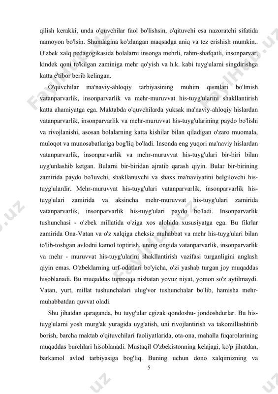 atdan qaraganda, bu tuyg'ular egizak qondoshu- jondoshdurlar. bu his-tuyg'ularni yosh murg'ak yuragida uyg'atish, uni rivojlantirish va takomillashtirib borish, barcha maktab o'qituvchilari faoliyatlarida, ota-ona, mahalla fuqarolarining muqaddas burchlari hisoblanadi. mustaqil o'zbekistonning kelajagi, ko'p jihatdan, barkamol avlod tarbiyasiga bog'liq. buning uchun dono xalqimizning va mutafakkirlarimizning durdona fikrlariga rioya qilib, yoshlarimizga bolalikdan boshlab ajdodlarimiz tomonidan qo'llab kelingan eng xalqchil odob namunalari va his-tuyg'ularni o'rgatib borishimiz zarur. vatanparvarlik, insonparvarlik va mehr-muruvvat his-tuyg'ulari - bu qo'shaloq tuyg'ular bo'lib, ularni bolalarimiz ma'naviy-axloqiy tarbiyasi tizimida birgalikda singdiriladi. bolalarimizning ilk yoshlik paytlaridan boshlaboq, bu yuqori his-tuyg'ularini shakllantirib, o'stirib borish - ularni ijtimoiy turmushning murakkab vaziyatlariga moslashtirib beruvchi kelajakdagi barkamol shaxs tarbiyasi uchun zarur bo'lgan shart-sharoitlarni yaratish imkoniyatini beradi. vatan tuyg'usi to'g'risidagi fikrlar jahon sivilizatsiyasiga ulkan hissa qo'shgan yurtdosh mutafakkirlarimiz al-xorazmiy, al-farg'oniy, abu nasr forobiy, abu mansur as-samarqandiy, ibn sino asarlarida ham o'z ifodasini topgan. vatanparvarlik, insonparvarlik tuyg'ulariga sodiq bo'lib, o'z asarlarida bu tushunchalarning muqaddas ekanligini xx asrning 30-50 …