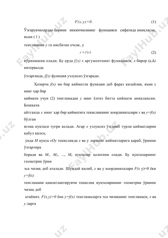 қтаси ҳар икки чизиқда ҳам ётади, яъни кесишиш нуқтаси​нинг координаталари берилган иккала тенгламани ҳам қаноат-лантиради. демак, кесишиш нуқтасини топиш учун берилган тенгламаларни (5) система сифатида биргаликда ечиш керак. ёзилган системанинг ҳар бир ҳақиқий ечими кесишиш нуқтасини кўрсатади. агар бордию система биргаликда бўлмаса ёки топилган х ва у ларнинг бирортасининг қиймати мавҳум сон бўлса, унда берилган чизиқлар кесишишмайди. 1-масала. а(2,3) ва в(1,-4) нуқталар орасидаги кес-манинг ўртасидан ўтувчи ва унга перпендикуляр тўғри чизиқнинг тенгламасини топинг. ечиш. бу тўғри чизиқ а ва в нуқталардан тенг узоқликда жойлашган нуқталарнинг геометрик ўрни деб қараш мумкин. айтайлик, с (х, у) шу тўгри чизиқнинг ихтиёрий бир нуқтаси бўлсин, яъни тенглик тўғри чизиқнинг ҳамма нуқталари учун ўринлидир (акс ҳолда с нуқта тўғри чизиқда ётмаса, бўлади). энди тўғри чизиқнинг тенгламасини тузиш учун ас ва вс кесмалар узунлигини с нуқтанинг координаталари орқали ифодалаб, уни юқоридаги тенгликка қўйиш кифоядир: бу изланаётган тўғри чизиқнинг тенгламасидир. унинг ҳар иккала томонини квадратга кўтариб ва …