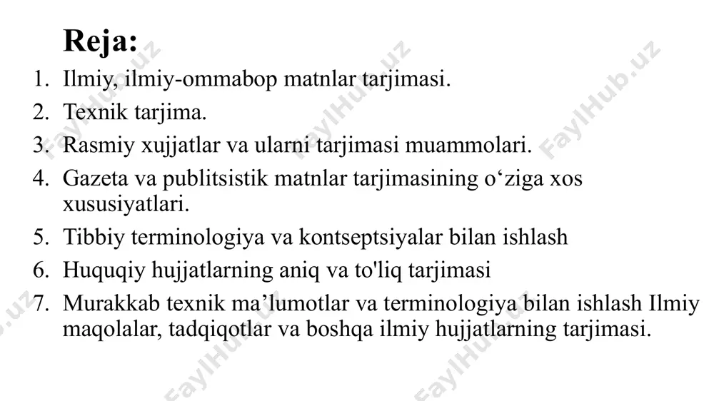 ik (matnning izchilligi); 4) zichlik yoki siqilish (qisqartmalar, raqamlar, formulalar, grafiklar, chizmalar va boshqalarni ishlatish); 5) operativ yoki apellyatsiya (masalan, ko'rsatmalarda, e'lonlarda bo'lgani kabi, muayyan harakatlarni amalga oshirish uchun chaqiruv); 6) hissiy (his -tuyg'ular, his -tuyg'ularning uzatilishi - bunday ma'lumot maxsus matnlarda birinchi ikkisiga qaraganda kamroq uchraydi). maxsus matnlar tarjimasining asosiy xususiyatlari - bu ob'ektivlikni, taqdimotning izchilligini, kognitiv va operativ ma'lumotlarni uzatishni ta'minlaydigan vositalar. maxsus matnlarni tarjima qilishning odatiy strategiyalari: 1) sanalar birma -bir ekvivalentli o'yinlar yordamida tarjima qilinadi (masalan: 20 -asrda - 20 -asrda, 2018 -yilda - 2018 -yilda va boshqalar); 2) maxsus ismlar (shu jumladan, geografik nomlar, san'at asarlarining nomlari, filmlar, gazetalar va boshqalar) ma'lum bir madaniy an'analarda o'rnatilgan an'anaviy yozishmalar yordamida tarjima qilinadi (masalan: jorj v - beshinchi jorj (qirol) , sent -jorj - sent -jorj, jorj bush - jorj bush, charlz i styuart - charlz birinchi styuart, jeyms - yoqub, yoqub (angliya va shotlandiya qirollarining nomi), …