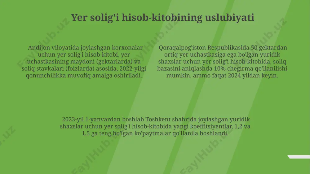a nisbatan 15% ga o'sishni ko'rsatadi. samarqand viloyatida 2023-yilning birinchi choragida yer solig'i to'lovlarida 100 dan ortiq yuridik shaxs kechikishga yo'l qo'yganligi aniqlangan, bu esa byudjetga 2 milliard so'm zarar yetkazdi. qoraqalpog'iston respublikasida yer uchastkasi maydoniga qarab, yuridik shaxslar uchun yer solig'i stavkasi 0,5% dan 2% gacha o'zgarib turadi va bu stavkaga qo'shimcha ravishda soliq imtiyozlari ham mavjud. yer solig'ini to'lashda duch kelinadigan muammolar toshkent shahrida joylashgan kichik korxonalarning 2023-yil yakunlari bo'yicha yer solig'ini to'lashda, kadastr hujjatlaridagi noaniqliklar tufayli kechikishlar kuzatildi, bu esa 5% ga yaqin jarima to'lashga olib keldi. buxoro viloyatining qorovulbozor tumanida yer solig'ini to'lashda elektron tizimlardan foydalanish darajasi pastligi sababli, 100 dan ortiq tadbirkor qo'lda to'lash jarayonida qiyinchiliklarga duch keldi. farg'ona viloyatida yer uchastkalarining qayta baholanishi natijasida, soliq miqdori 30% ga oshdi, bu esa ko'plab fermer xo'jaliklarida moliyaviy qiyinchiliklarni keltirib chiqardi. soliq bazasini aniqlash 2023-yil holatiga ko'ra, toshkent shahrida joylashgan yirik korxonalardan yig'ilgan yer solig'i umumiy miqdori …