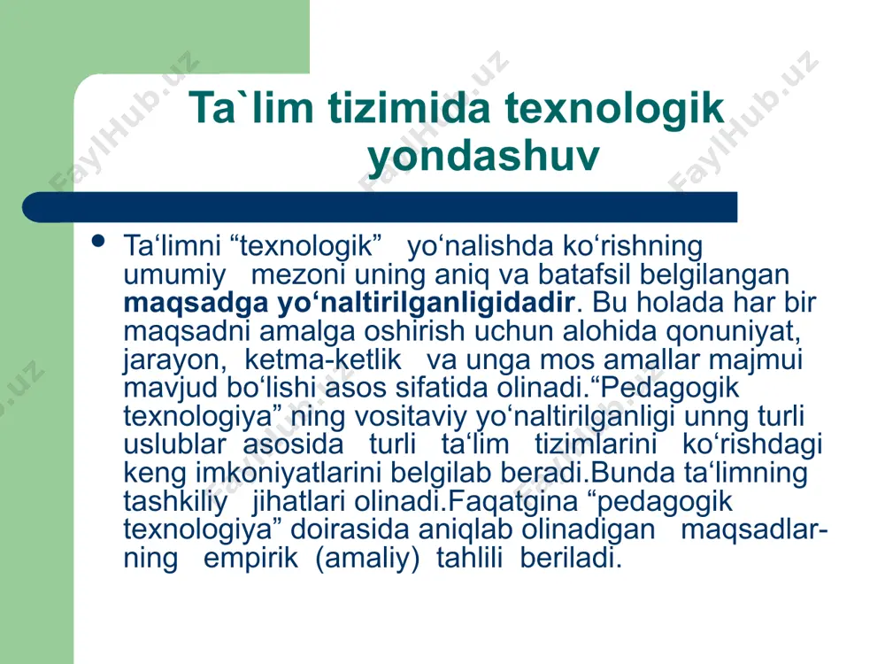 larni amalga oshirishgacha, ularning optimallik va samaradorlik darajasini baholashgacha loyihalashtirishdan tarkib topgan. ma’rifatli va rivojlangan mamlakatlarda muvaffaqiyat bilan qo‘llanilib kelinayotgan ta’lim texnologiyalarini o‘rganib, xalqimizning milliy pedagogika an’analaridan hamda ta’lim sohasining shu kundagi holatidan kelib chiqqan holda o‘zbekistonning milliy ta’lim texnologiyasini yaratish lozim. texnologik jarayon texnologik jarayon - ishlab chiqariladigan mahsulotga ishlov berishning yagona jarayonini hosil qiluvchi texnologik operatsiyalarning yig‘indisi. texnologik operatsiya - ishchi tomonidan o‘zining ish joyida bajariladigan, yakuniga yetkazilgan harakat ko‘rinishidagi jarayonning bir qismi. texnologik xarita - ma’lum bir mahsulotni ishlab chiqarish texnologik operatsiyalarini ketma-ketligini bayon qiluvchi texnik hujjat. texnologik rejim - texnologik operatsiyalarni amalga oshirishni belgilovchi tartib bo‘lib, ma’lum bir mahsulotni ishlab chiqarishda bajariladigan operatsiyalarning vaqti, shartlarini belgilaydi. xulosa pedagogik texnologiya - ta’lim jarayoniga yangicha yondoshuv bo‘lib, pedagogikada ijtimoiy-muhandislik ong ifodasidir. u pedagogik jarayonni texnika imkoniyatlari va insonning texnikaviy tafakkuri asosida standart holga solib, uning optimal loyihasini tuzib chiqish bilan bog‘liq ijtimoiy hodisadir. pedagogik texnologiya - o‘quv jarayonini …