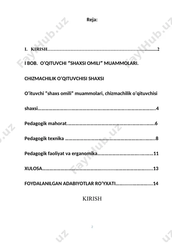 ga qaratildi. darslik ikki bobdan iborat bo'lib, birinchi bob muhandislik grafikasini o’qitish metodikasining umumiy masalalariga bag‘ishlangan. ushbu bobda chizmachilik darslarini tashkil qilish va o‘qitishning zamonaviy metodlari, o‘qituvchining darsga tayyorlanishi va sinf doskasida chizmachilik asboblari bilan ishlash metodikasi, chizmachilik kabinetini jihozlash, chizmachilikdan o‘qitish vositalari va ko‘rgazmali qolianmalar hamda ularni tayyorlashga taalluqli metodik tavsiyalar keltirildi. darslikning ikkinchi bobida chizmachilikning asosiy mavzularini o ‘rgatish metodikasiga tegishli ma’lumotlar berilgan. chizmachilikning asosiy mavzularini o‘rgatishda fan o‘qituvchisi nimalarga e’tibor berishi zarurligini tahlil qilish bilan birgalikda hozirgi kunda nashr qilinayotgan darslik va qo‘llanmalarda ham yo‘l qo‘yilayotgan kamchiliklar ko’rsatilib, kutubxonasi ulami oldini olish bo‘yicha tavsiyalar berildi. shuning uchun ham ushbu darslik «muhandislik grafikasi va tasviriy san’at» bakalavriat yo'nalishi talabalari bilan bir qatorda umumta'lim maktablari va kasb-hunar kollejlarining grafika fanlari o‘qituvchiiari uchun ham amaliy qollanma sifatida foydali bo'lishi mumkin deb hisoblaymiz. muhandislik grafikasini o‘qitish metodikasi bo‘yicha o‘zbek tilida yaratilayotgan dastlabki darslik bo‘lganligi sababli ushbu qo'llanma kamchilik va xatolardan xoli …