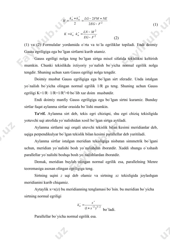 sil bo`ladi. yuqoridagilardan bundan bu yerda с1 ni 0 ga teng deb olish mumkin. shunday qilib, sirtning meridiani quyidagi parametrik tenglamalar bilan berilar ekan, ya‘ni bu egri chiziq traktrisa deb ataladi. bu chiziqning uzluksiz uqi atrofida aylanishidan xosil bo`lgan doimiy manfiy gauss egriligiga ega bo`lgan sirt psevdosfera deyiladi. asosiy adabiyotlar: 1. александров а.д., нецветаев н.ю. геометрия. м.,наука,1990. 2. нарманов а.я. дифференциал геометрия. т. университет, 2003 3. погорелов а.в. дифференциальная геометрия. м.,1974. 4. нарманов а.я. ва бошқалар. умумий топологиядан машқ ва масалалар тўплами. т.университет, 1996. 5. сборник задач по дифференциальной геометрии. под ред. феденко а.с. м., 1979. 6.бакельман и.я., вернер а.л., кантор б.е. введение в дифференциальную геометрию в целом. м., наука, 1973. 7. собиров м.а., юсупов а.е. дифференциал геометрия курси. т., ўқитувчи, 1965.