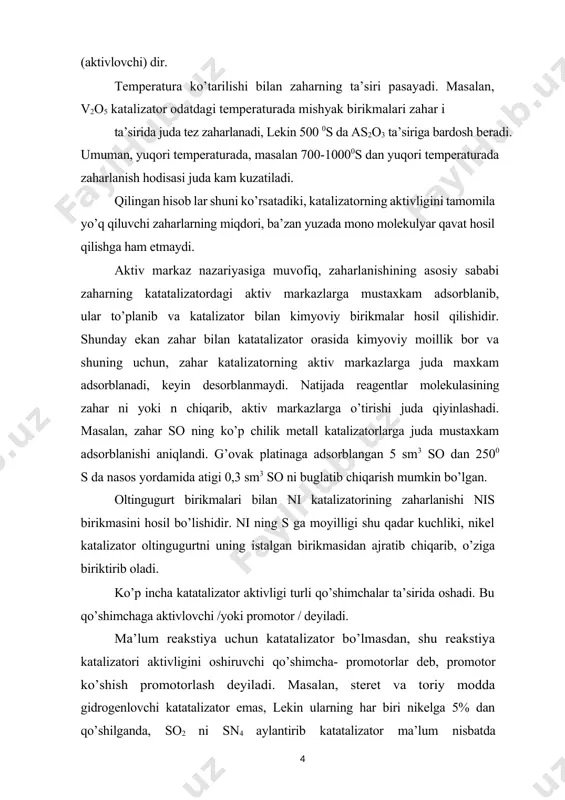 aktivligini 3 deb olinsa, hosil bo’lgan aralash katatalizatorning aktivligi 15 ga teng bo’ladi. promotorlar ikki gruppaga-strukturalar hosil kiluvchilar va modifikastiyalovchi promotorlarga bulinadi. strukturalar hosil qiluvchi promotorlar katta konstentrastiyada bo’lganda ta’sir qiladi. masalan, ni katatalizator mavjudligida fenol stiklogeksanga aylanishi 20% li soda eritmasi qo’shilgandagi yaxshi promotorlanadi. strukturalar hosil kiluvchi promotorlar katalizatorlar tuzilishini yaxshilaydi xususan, katatalizator muvozanat tuzilishini mustahkamlaydi, kristall amorflanishga to’sqinlik qiladi, yuzani ko’p jinsliligini saqlaydi, solishtirma yuzani ko’p aytiradi. masalan, ammiak sintezda fe3 o4 katatalizator, al 2 o3 - promotordir. reakstiya o’tgandan so’ng fe3 o4 g’ovak-g’ovak zarrachalardan iborat bo’lib, kristall bir-biriga birlashishiga yo’l qo’ymaydi al 2 o3 pardasi bilan qoplanganligi kuzatilgan. modifikastiyalovchi promotorlar juda kam miqdorda ta’sir qiladi. roginskiy fikricha, bu xil promotor ta’sirida yuzada ximiyaviy va ko’p jinslilik hosil bo’ladi va natijada aktiv markazlar soni ortadi. har qanday katalizator ham xech kachon sof bo’lmaydi, uning yuzasida ma’lum miqdor boshqa modda (masalan) hamma vaqt adsorblangan bo’ladi va boshqa modda aktivlovchi …