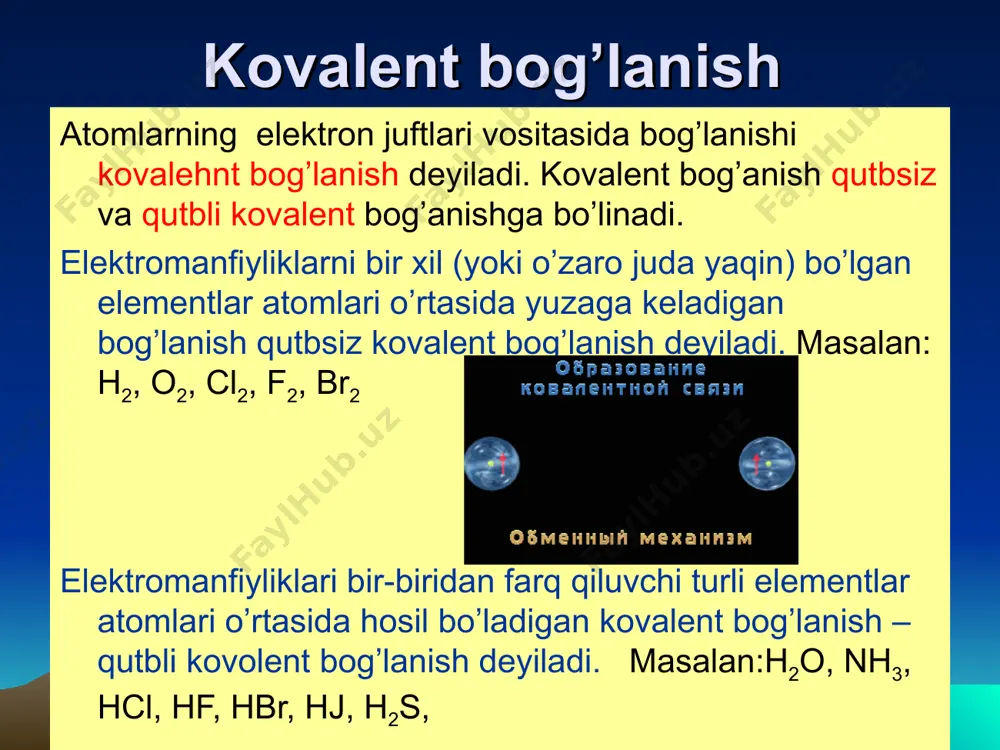 c)metall bilan metallmas atomlar orasida d)turli metallmas atomlar orasida e)bir xil metallmas atomlar orasida 9. qaysi bog’ eng kuchsiz? a)vodorod b)qutbli kovalent c)qutbsiz kovalent d)ion e)metall 10. molekulasi qutubsiz kovalent bog’lanishga ega bo’lgan moddalar qatorini aniqlang? a)vodorod xlorid, xlor, vodorod, azot b) osh tuzi, natriy gidroksid, xlor, vodorod c) olmos, grafit, xlor, vodorod d) olmos, xlor, vodorod xlorid, yod e) grafit, xlor, azot, vodorod ftorid