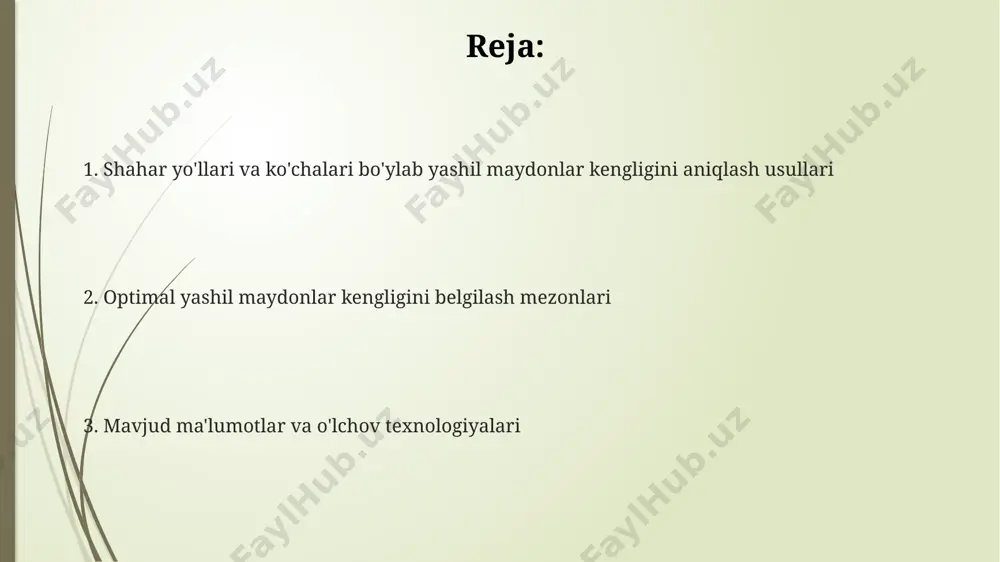 onlarning umumiy maydoni ko'chaning uzunligining kamida 30% ni tashkil etishi kerak, bu esa ularning enini belgilashda hisobga olinishi zarur. turli xil shahar sharoitlarida yashil maydonlar kengligini optimallashtirish tor ko'chalar uchun (2 ta yo'lakli) optimal yashil maydonlar kengligi 5-7 metrni tashkil etadi, bu esa piyodalar uchun xavfsiz va qulay harakatlanishni ta'minlaydi. keng avtomobil yo'llari bo'ylab (4 ta va undan ortiq yo'lakli) yashil maydonlarning kengligi kamida 20-25 metr bo'lishi, ekologik muvozanatni saqlash va issiqlik oroli effektini kamaytirish uchun tavsiya etiladi. yuqori zichlikdagi shahar hududlarida yashil maydonlarning minimal kengligi 10 metrdan kam bo'lmasligi, havo sifatini yaxshilash va shovqin darajasini pasaytirish uchun zarur. muammolar va cheklovlar yo'l bo'ylab yashil maydonlarni o'lchashda er uchastkalarining egalik huquqi va boshqa huquqiy cheklovlar, masalan, 30-50 m. kenglikdagi himoya zonalari mavjudligi muammo tug'dirishi mumkin. daqiq o'lchov asboblari va malakali kadrlarning etishmovchiligi, hattoki 1 m. gacha bo'lgan xatolikka olib kelishi mumkin, bu esa loyihalash va rejalashtirishda noaniqlik tug'diradi. shahar aholisining …