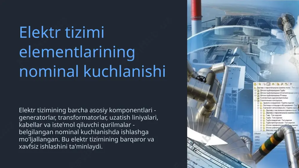 hun ham foydali bo'ladi. suv nasoslarida ham shu rejim uchraydi. paylashuv elektr tizimlari: yuqori kuchlanishli tarmoqlarda neytral ish rejimlaridan foydalanish kuchlanish o'zgarishlarini minimallashtirib, uzilishlarni oldini oladi. 12 neytral ish rejimlarini tanlash va loyihalash elektr tizimining nominal kuchlanishi va ish rejimi tanlanadi. bu qurilmalar va tizimlar uchun ma'lum standartizirlangan qiymatlar mavjud. tizimning xavfsizlik talablari va ishlash xususiyatlari hisobga olinadi. yerga ulanish, kuchlanish ko'tarilishi, uzluksizlik kabi omillar taxlil qilinadi. texnik-iqtisodiy tahlil asosida eng maqbul neytral ish rejimi tanlanadi. bu tizimni qurish va ishlatish xarajatlarini, energiya samaradorligini va xavfsizlikni oshiradi. 13 neytral ish rejimlarini nazorat qilish va tekshirish elektr tizimidagi neytral rejimlarining samarali va xavfsiz ishlashini muntazam ravishda tekshirish muhim. transformatorlar, elektr yuritmalar va boshqa elektr uskunalarining yerga ulanishini nazorat qilish. neytral qatorning izolatsiyasini muntazam ravishda tekshirish va kuchlanish ortishini nazorat qilish kerak. neytral ish rejimlaridan foydalanish to'g'risidagi ma'lumotlarni yozib borish, elektr tizimdagi o'zgarishlarni hisobga olish muhim. neytral tizimlarini kuzatish va avtomat nazorat …