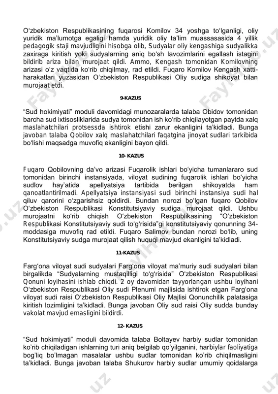 da, protsessual qonunlarning buzilishlariga tez-tez yo‘l qo‘yishi aniqlandi. bundan tashqari, mahkumga tegishli ashyoviy dalil bo‘lgan qimmatli qog‘ozlar sudda yo‘qolganda, u ochiqchasiga, yetarli asoslarsiz, sud xodimlarini o‘g‘rilikda ayblagan. o‘z xizmat mavqeini suiiste’mol qilib, maxmudov sudda ashyoviy dalil sifatida saqlanadigan kichik o‘lchamli televizorni o‘z ixtyoriga tasarruf qilgan. aniqlangan faktlarni baholab, komissiya maxmudovning sudya lavozimida qolishi mumkin emas degan xulosaga keldi, bu haqida sudyalar oliy kengashiga xabar qilindi. biroq, sudya maxmudov hay’at qaroridan norozi bo‘lib, oliy sud raisi nomiga shikoyat kiritdi. 7-kazus navbatchi qismga bir kishi qo‘ng‘iroq qildi va u o‘z kvartirasida rashk tufayli xotinini o‘ldirganini ma’lum qildi. voqea joyiga yetib kelgan ichki ishlar xodimlari haqiqatan ham ayolning jasadini topishdi. kvartirada bo‘lgan odam, militsiya bo‘limiga qo‘ng‘iroq qilganligi va o‘zi sudya lavozimida ishlashi, qotillikni sodir etgani va darhol hibsga olinishini so‘radi. 8- kazus o‘zbekiston respublikasining fuqarosi komilov 34 yoshga to‘lganligi, oliy yuridik ma’lumotga egaligi hamda yuridik oliy ta’lim muassasasida 4 yillik pedagogik staji mavjudligini …