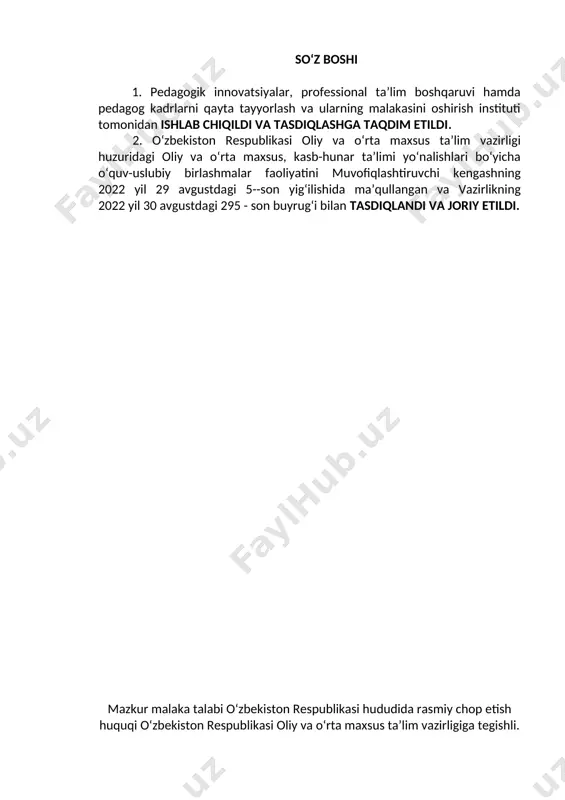 g zaruriy bilimlar mazmuni va kasbiy kompetensiyasiga qo‘yiladigan talablarni va pirovard maqsadlarini, shuningdek ta’lim oluvchilarning o‘quv yuklamalari hajmi va standart talablarini bajarilishi nazoratini belgilaydi. malaka talabi ta’lim oluvchilarning kasbiy tayyorgarligi sifati va kasbiy kompetensiyasini baholashda hamda ta’lim muassasalarini attestatsiyadan o‘tkazishda asosiy mezon hisoblanadi. mazkur talablarning bajarilishi professional ta’lim muassasalarining bitiruvchilariga professional ta’limning tegishli darajasini olganligi to‘g‘risida davlat namunasidagi hujjat berilishi uchun asos hisoblanadi. malaka talabi ta’limni boshqarish davlat organlari va ta’lim faoliyati subyektlari tomonidan, idoraviy bo‘ysunuvi va mulkchilik shakllaridan qat’iy nazar, tadbiq etilishi majburiydir. ushbu malaka talabi 40711507 - temir yo‘l transportida elektr ta’minoti mutaxassisliginig h01.112.0649/б-20 (№ 112-ич от 19.06.2020)ning tasdiqlangan kasbiy standart talablari asosida ishlab chiqildi. 2. kasbiy ta’lim xususiyati 2.1. 40711507 - temir yo‘l transportida elektr ta’minoti mutaxassisligi doirasida beriladigan kvalifikatsiya: 1. tortish podstansiyasi elektromontyori 2. kontakt tarmogʼi elektromontyori umumta’lim muassasalarining 11-sinf bitiruvchilari hisobidan shakllantirilgan guruhlarda 2 yil. kamida umumiy o‘rta ma’lumotga ega bo‘lgan shaxslar hisobidan shakllantirilgan guruhlarda …