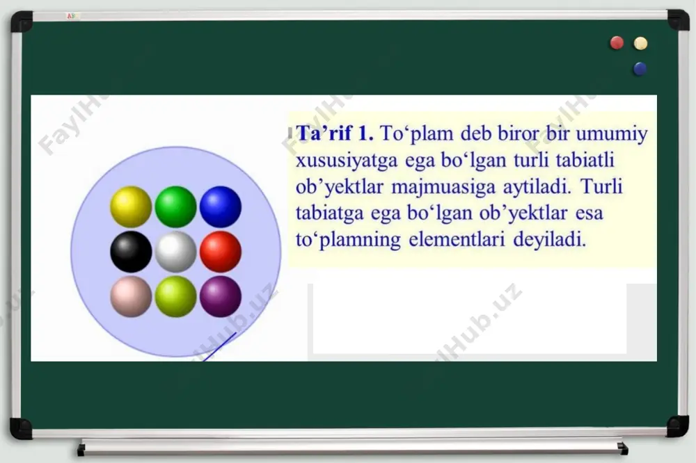 salalar yechish 6-masala a, b va c to‘plamlarning elementlari soni mos ravishda 10; 12 va 15 ta. a ∪ b ∪ c to‘plamning elementlari soni eng kamida nechta bo‘la oladi? a) 22 b) 27 c) 12 d) 15 yechish: to’plamlar birlashmasining elementlari soni eng kam bo’lishi uchun to’plamlarning biri ikkinchisining qismi bo’lishi kerak. a ∪ b ∪ c to‘plamning elementlari soni eng kam bo‘lishi uchun a, b c shart bajarilishi kerak. u holda c bo’ladi, ya‘ni c) = 15 javob: d) 15 17 masalalar yechish agar a to‘plamga 1 ta element qo‘shilgandagi qism to‘plamlar soni a to‘plamdan 1 ta chiqarilib tashlangandagi qism to‘plamlari sonidan 24 taga ko‘p bo‘lsa, a to‘plamning qism to‘plamlar sonini toping. a) 32 b) 8 c) 4 d) 16 yechish: a ={a1, a2, a3, a4, … an-1, an } to‘plamning qism to‘plamlar soni b ={a1, a2, a3, a4, … an-1, an , an+1} qism to‘plamlar soni c …