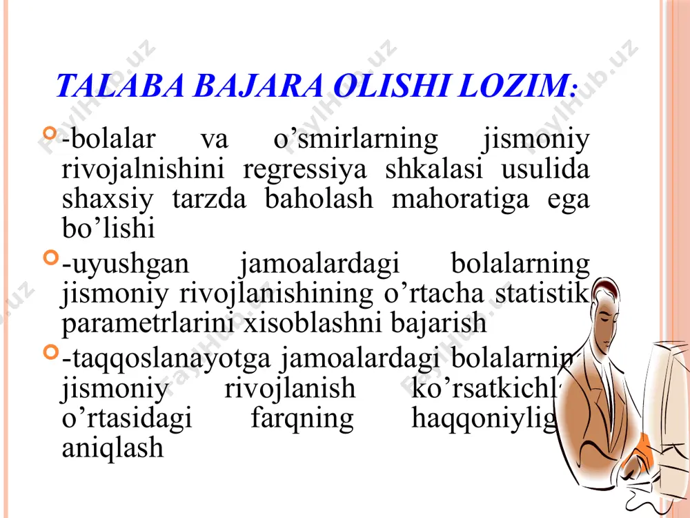 qlar to‘g’rilanganligi kuzatiladi. oyoq shaklini aniqlash uchun: tekshiriluvchi tovonlarini birlashtirib tik turadi. me'yoriy shakldagi oyoq tuzilishda tizza bo‘g’inlari bir-biriga tegib turadi; «o» - shakldagida esa tizza bo‘g’inlari bir-biriga tegmaydi, «x»-shakldagi tuzilishida tizza. oyoq kafti — tayanch va harakat organidir. oyoq kafti normal, yassi va tekis bo'lishi mumkin. oyoq kafti shaklini aniqlash uchun tayanch yuzasi, oyoq kafti gumbazi baholanadi. tovonning shaklini bilish uchun tovon bo'yniga qarab baho beriladi. undan tashqari axilov payining oyog`iga va tovonga tushadigan yuklamaga ahamiyat boriladi. normal tovonda tayanch yuzasiga tushadigan yuqorida ko'rsatilgan o‘qlar perpendikulyar bo'ladi. tovonning tasvirini olish uchun har xil bo'yovchi moddalar qo'llaniladi. buning uchun tekshiriluvchi oyog’ini dastlab 1% temir xlorli suv eritmasi bilan ho'llangan to‘qimaga, so'ngra 0,5%li taninning spirtli eritmasi bilan qo'llangan qog’ozga butun og`irligini solib turadi. olingan tasvir quritiladi va tovonning yassiligiga shtriter usuli bilan baholanadi. somatoskopik belgilar tavsiflash orqali ifodalanadi, jinsiy yetilish belgilari esa formula yordamida ifodalanadi. o’g’il bolalar uchun bu formulaga ko’pincha …