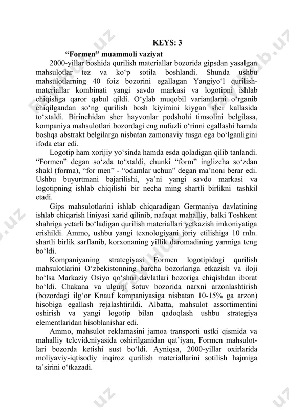 yillar oxirlarida moliyaviy-iqtisodiy inqiroz qurilish materiallarini sotilish hajmiga ta’sirini o‘tkazadi. sotuv muammosi bilan duch kelgan yangiyo‘l korxonasi formen mahsulotlari reklama xarajatlarini kamaytirishga majbur bo‘lishdi. reklama shakllari faqat mahalliy yozuvlar, oav larida amalga oshirila boshlandi. shu bilan birga tashqi bozorni egallash g‘oyasi tugamagani bois toshkent shahrida o‘tkaziladigan yillik qurilish materiallari ko‘rgazma yarmarkasida ishtirok etishga qaror qilindi. sotuv siyosatini yaxshilash uchun marketolog lavozimini kiritildi. image1.jpeg image2.jpeg